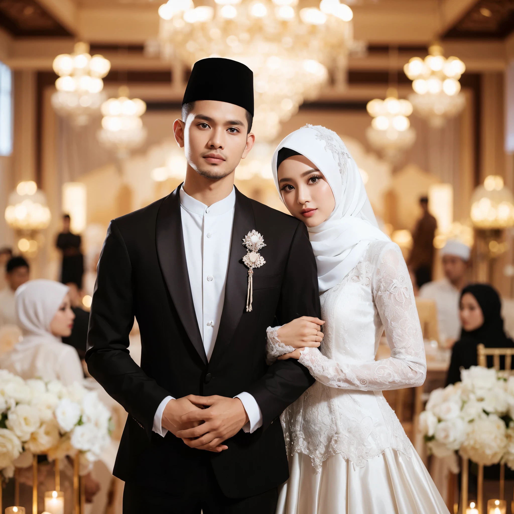 Indonesian wedding photo, the groom wears a black suit with a long white middle eastern koko shirt, and the bride wears a white dress with a hijab, wide shot, professional pose, luxurious wedding decoration background, looks very detailed, simple natural make up, white lighting from the front , the photos are incredibly good