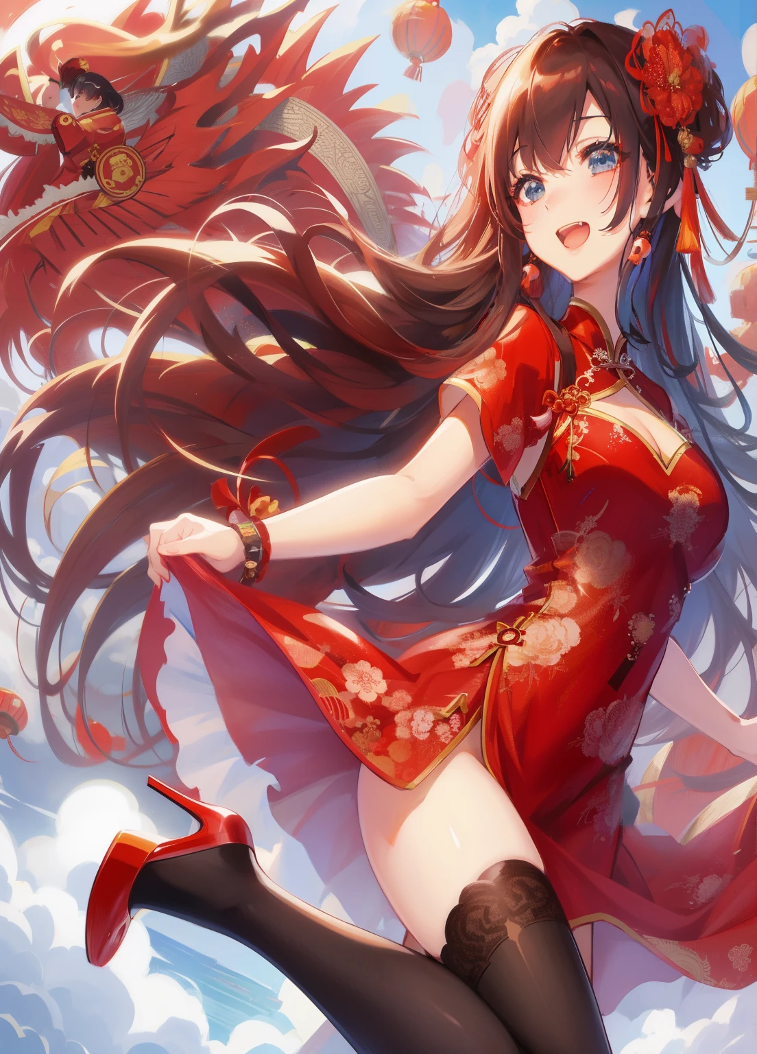 A woman in a red dress is flying in the air, anime style 4k, Cute anime waifu wearing beautiful clothes, Popular topics on cgstation, cheongsam, Beautiful charming anime woman, cheongsam, Chinese fantasy, guys, seductive anime girl, Chinese style, Chinese girl, anime art wallpaper 8k, wearing a red cheongsam, beautiful anime girl