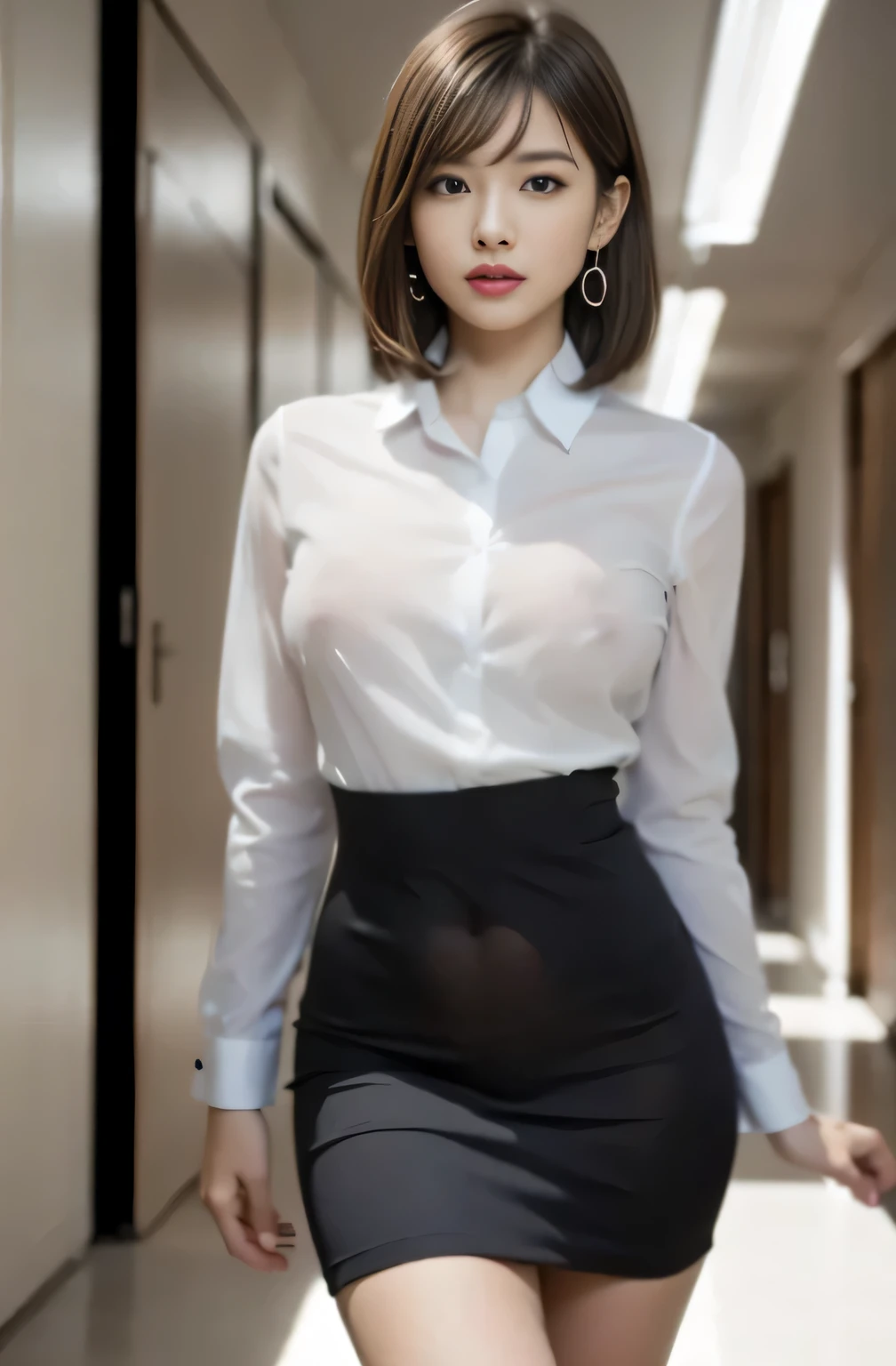 (smile)、I can see your pussy、(nipple見え)、(transparent shirt:1.3)、(In 8K、highest quality、masterpiece:1.2)、(genuine、photorealistic:1.37)、Super detailed、1 girl、cute、beautiful eyes、office、、(nippleが見えてる:1.2)、 (perfect beautiful beautiful face:1.15)、(closed mouth)、細やかなbeautiful eyes、(No underwear:1.1)、、short cut hair、(sheer shirt:1.2)、、(short hair:1.5)、Floating hair NovaFrogStyle、thinボディ、20 year old woman、brown hair、、brown eyes、small head、((G cup))、fashionable girl、beautiful eyes、genuineフェイス、genuineな肌、fine eyes、、(sheer shirt:1.2), dynamic pose、viewer、Beautiful face and breasts,　the tip of the chest sticks out。Areola is protruding。The shape of the genitals is clearly visible。lots of eyelashes。black eyeshadow。bright red lips。black sexy high heels。pubic hair。The lower abdomen is bristly。thin。thighs are open。pubic hairたくさん、pubic hairがはみ出てる、 and delicate figure、(At the office)、camel toe、protruding pussy＿nipple