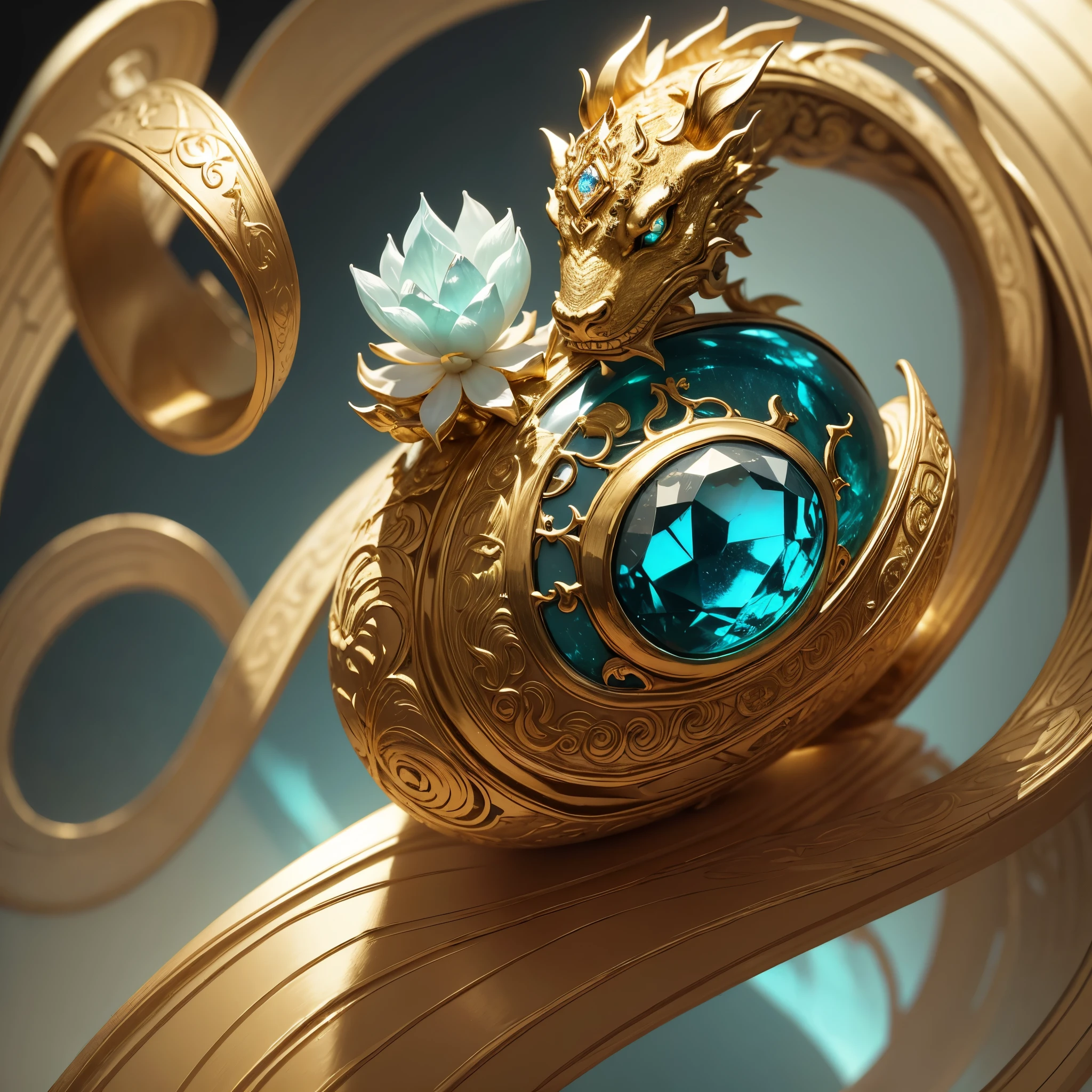 masterpiece,highest quality,(Nothing but the ring),(No Man),The ring is shaped like a Chinese dragon,Enveloping you from beginning to end,delicate gold ring,luster,inverted image,shining blue-green gem,Elegant and noble,simple background