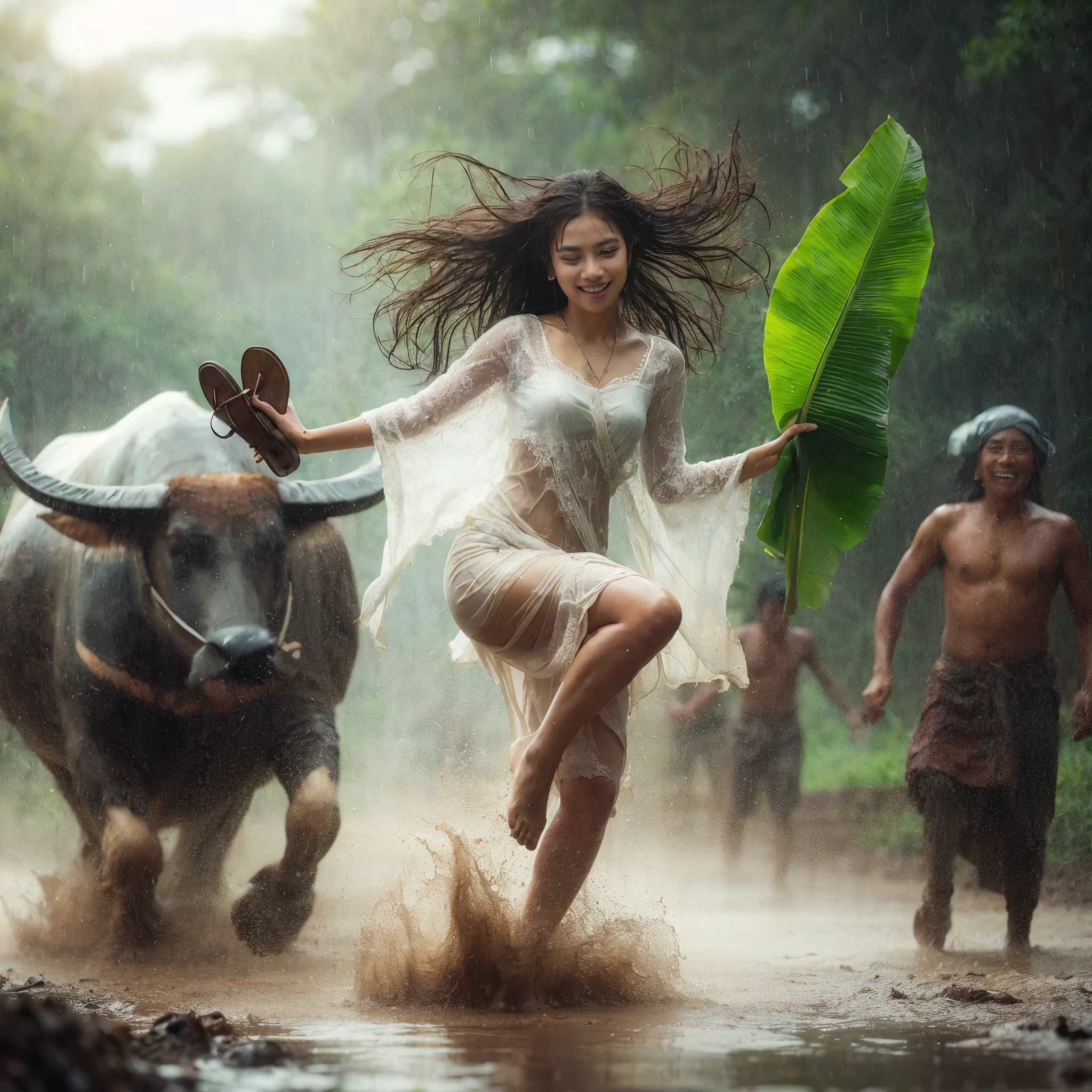 young Indonesian beautiful woman, wearing a wet white kebaya, long hair, heavy rain, right hand holding one a wide banana leaf, left hand carrying sandals, muddy road,she is high jumping and down dancing and laughing happily, the background is a farmer, a buffalo , much water splash effect. HD professional photographer, epicrealism models, atmospheric impressionism, bokeh, film dramatic realism,ultra upscale ultra detail on facial skin, soft focus realism --ar 36:61 --stylize 7