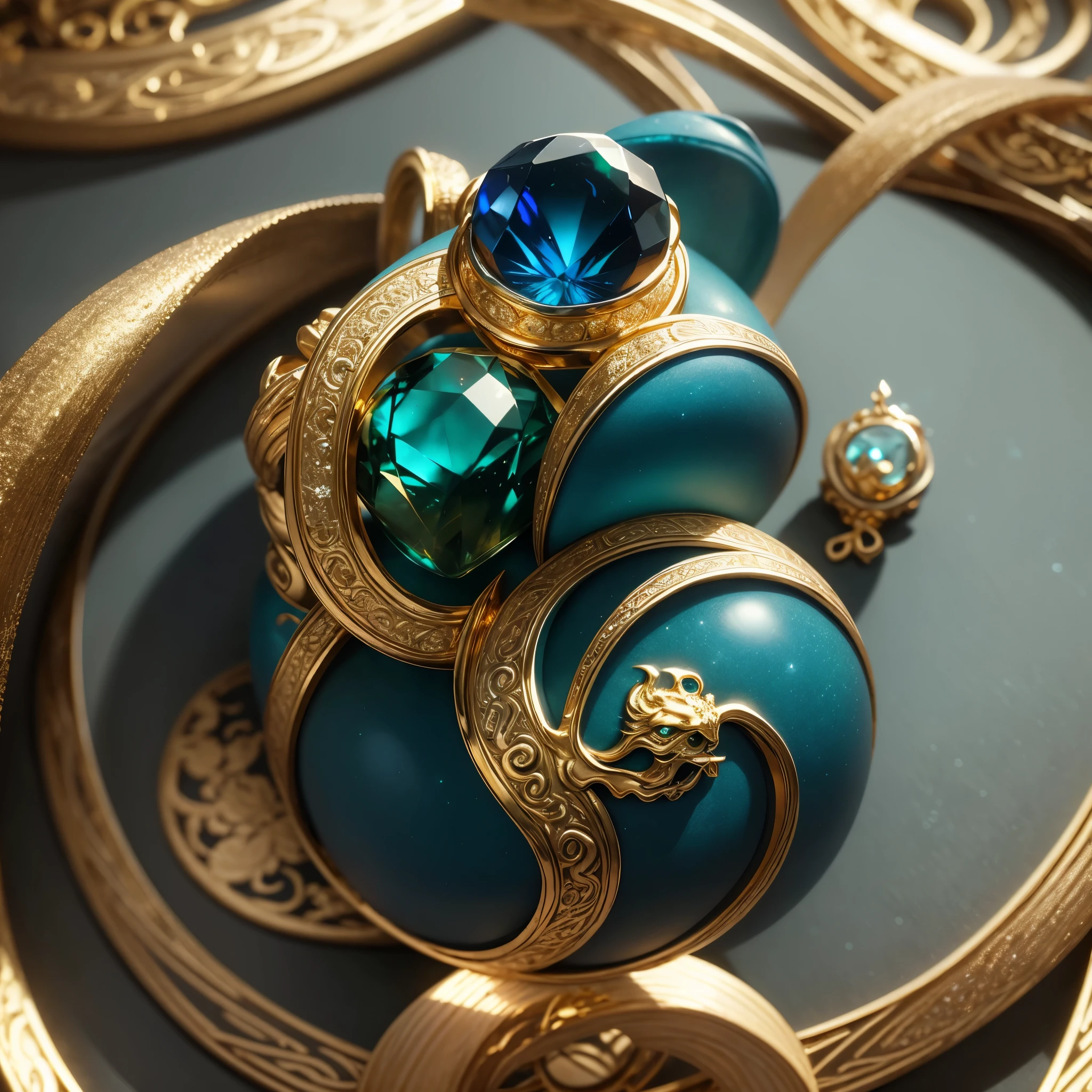 Masterpiece，highest quality，(Nothing but the ring)，(No Man),The ring is shaped like a Chinese dragon，Wrapped around the end from beginning to end，Delicate gold ring，The sheen，inverted image，Sparkling blue-green gemstones，Elegant and noble,simple backgound,8k