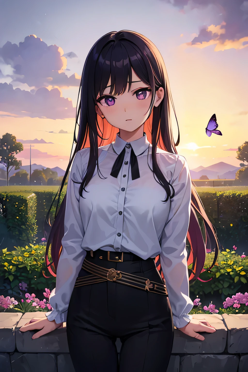 Ultra-realistic 8k CG,masterpiece,((ultra-detailed background, delicate pattern, intricate details)),best quality,very detailed face,extremely detailed eyes and face,extremely detailed eyes,kochou shinobu,multicolored hair,no bangs,hair intakes,purple eyes,forehead,black shirt,black pants,haori,butterfly,buttons,belt,(Garden:1.2),purple flower,chibi,cloudy sky,sunlight,Tindal effect,gradient_sky,face,Gorgeous sky,Waist Sabre,Charming posture,