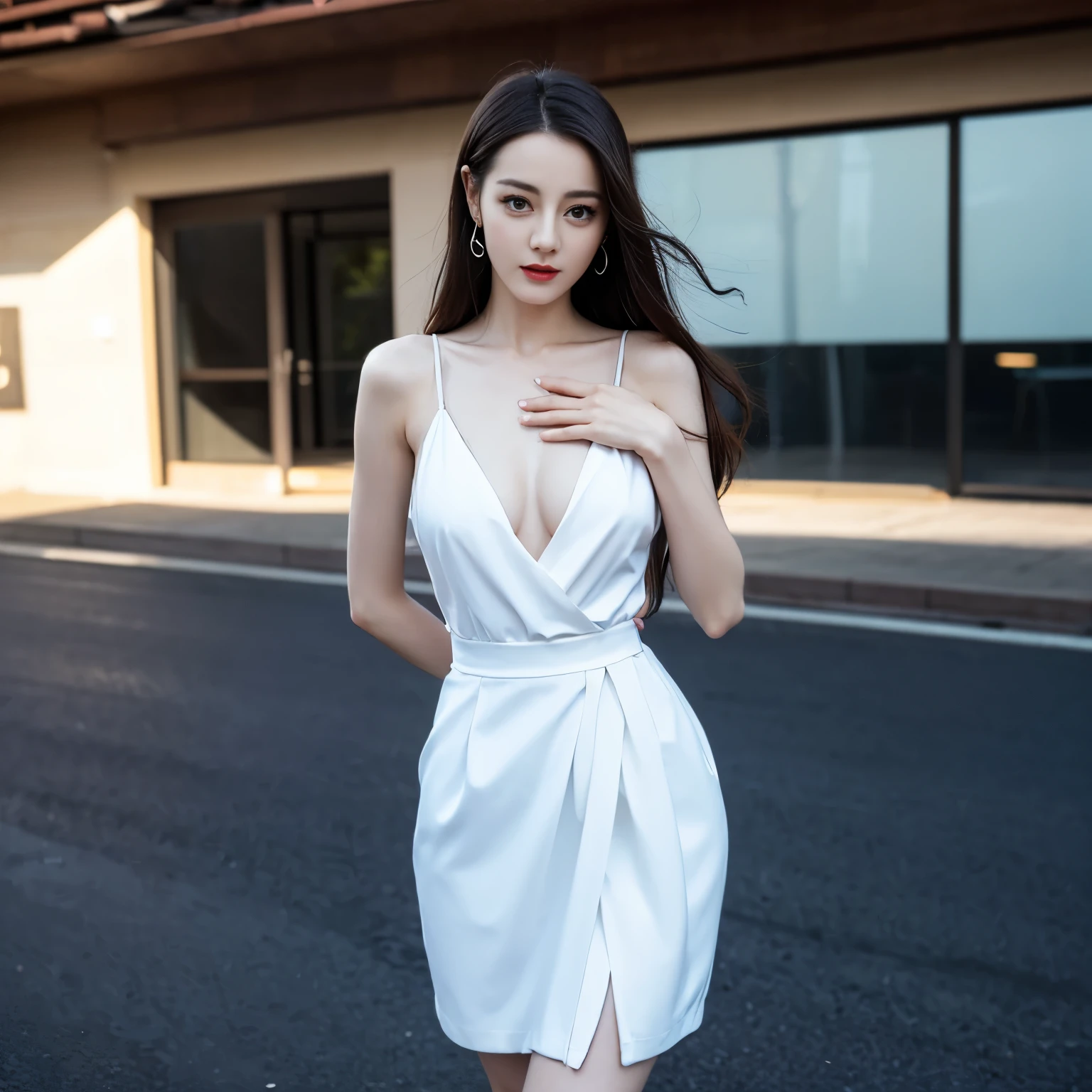 ((top quality、8k、​Masterpiece:1.3))、Extremely delicate and beautiful girl，full-body shot，huge breasts，bigger breasts，amazing breast size，H cup，pleated skirt，miniskirt，sunset，sunset。Wear big earrings，Very white skin，moist red lips，Naughty expression，Waist is very thin，Thighs are very thin，Big hips，Reveal a little，White and smooth skin，Smooth and fair skin，flawless skin，Fair and shiny skin，cold white skin，The camera focuses on the chest，bright light
