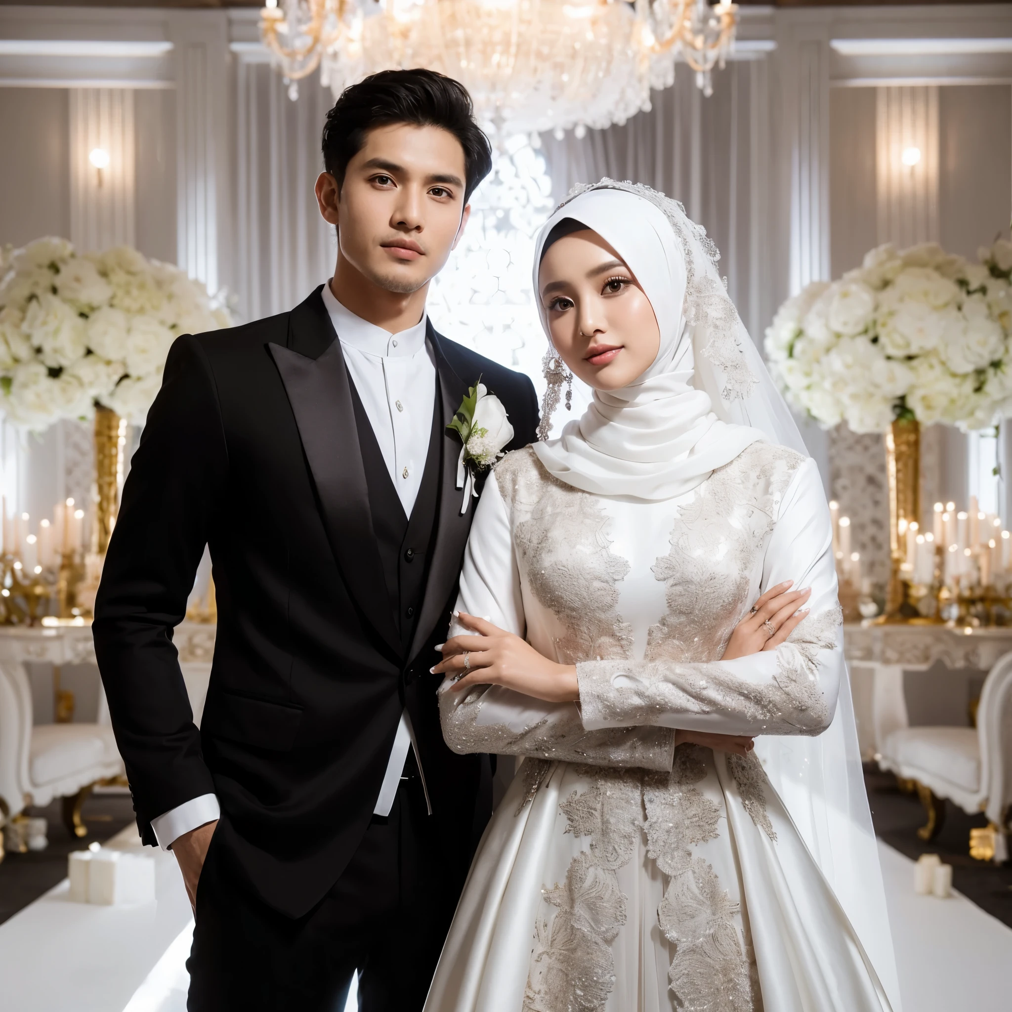 Indonesian wedding photo, the groom wears a black suit with a long white middle eastern koko shirt, and the bride wears a white dress with a hijab, wide shot, professional pose, luxurious wedding decoration background, looks very detailed, simple natural make up, white lighting from the front , the photos are incredibly good