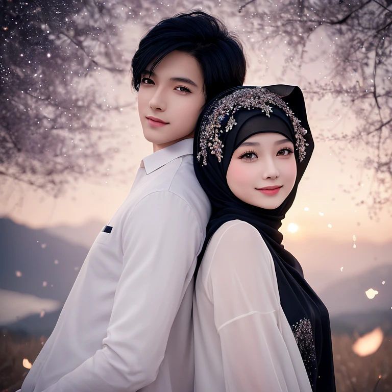 (best quality, masterpiece), (a couple), malay girl in hijab and a boy black hair), romantic pose, tight, particle, wind, flower, upper body, simple background, looking at viewer, galaxy,