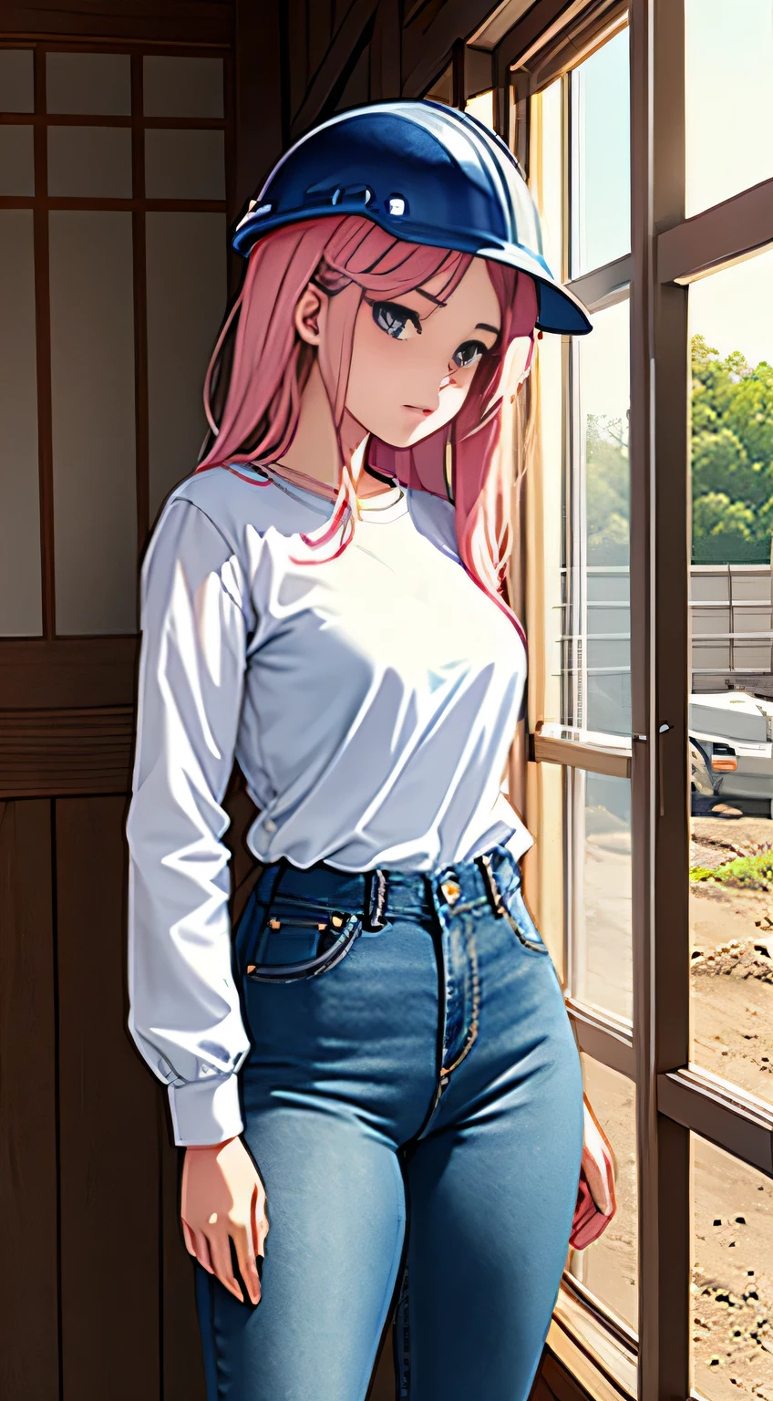Female 25 years old,front、 jeans作業服 つやのある肌, fine fabric texture, jeans、long sleeve shirt、pink helmet,Construction site、back show window、return、looking at camera