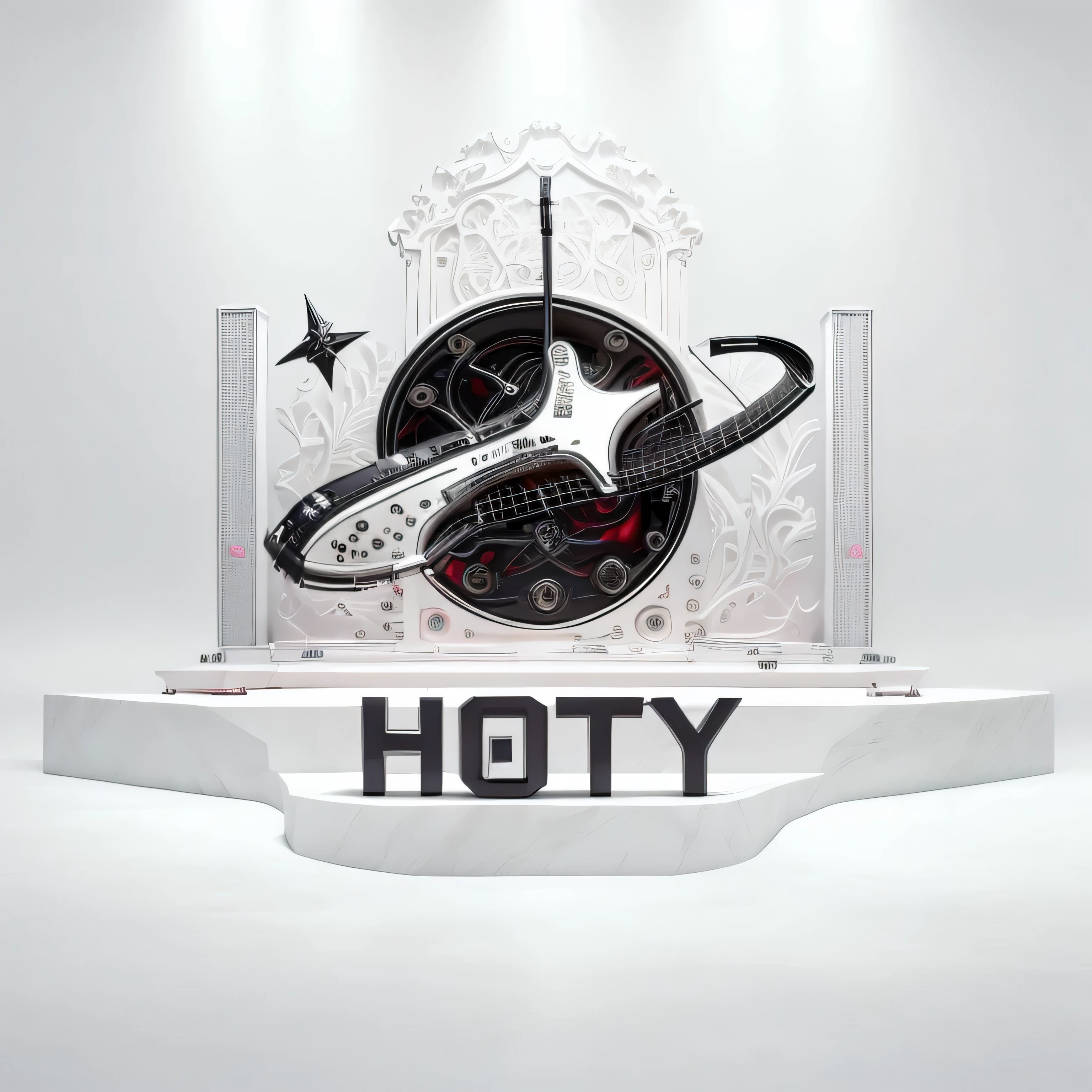 masterpiece,best quality,super detailed,Small stage,band,microphone,electric guitar,mixer,vocal,keyboard,dark gothic pattern,earphone,Indoor light