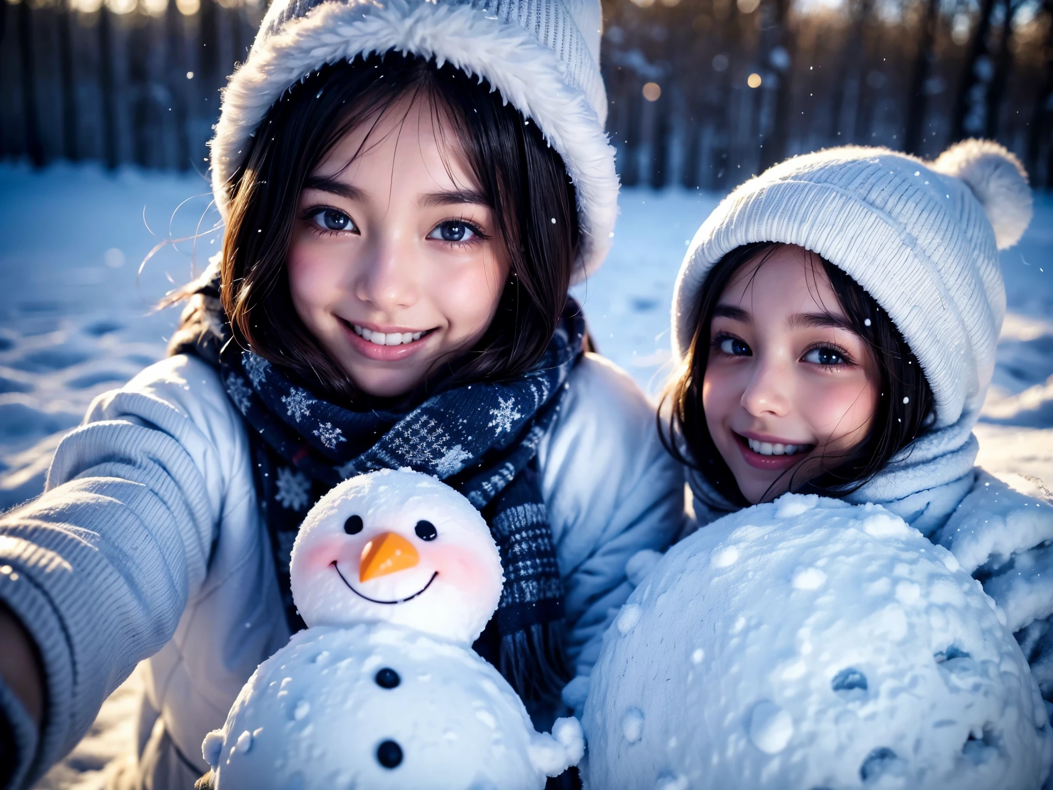 best quality,highres,extremely detailed eyes and face,beautiful detailed eyes,beautiful detailed lips,long eyelashes,1girl,cute smile,wearing a warm winter coat,playing in snow,building a snowman,happy expression,rosy cheeks,soft and fluffy snow,playful interaction between the girl and the snowman,gorgeous winter scenery,sparkling white snow,cold but sunny day,girl with a hat and scarf,pure white snowflakes falling from the sky,joyful laughter and giggles,flashing bright eyes,cautiously sliding down the snow hill,having fun with the abominable snowman,cool blue and white color palette,soft sunlight illuminating the scene,making unforgettable childhood memories.