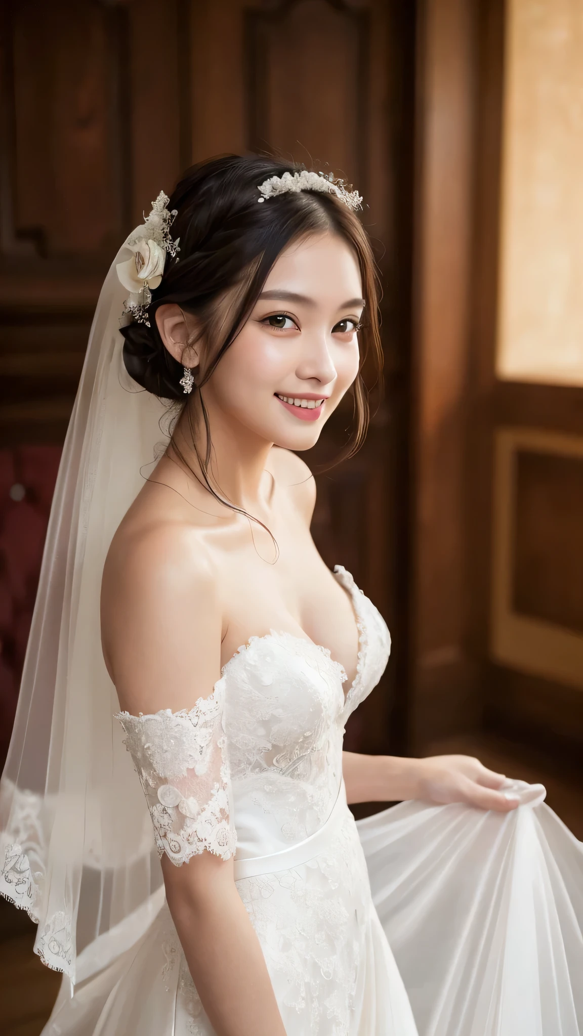 (1girl), ponytail, Extremely cute face, Amazing face and eyes, (Highly detailed eyes, Highly detailed face), fresh, Very clean appearance, (Hyper-realistic, hight resolution), (Best Quality:1.4), (hyper quality), Authentic skin texture, Raw photo, (Realistic, Photorealsitic:1.37), highly detailed, Professional Photography, (beautiful lace bridal dress:1.5), (lace bridal dress with open front), (cleavage:1.2), (Bare shoulders), Smile slightly, (Staring at me), luxury living room, girl portrait,