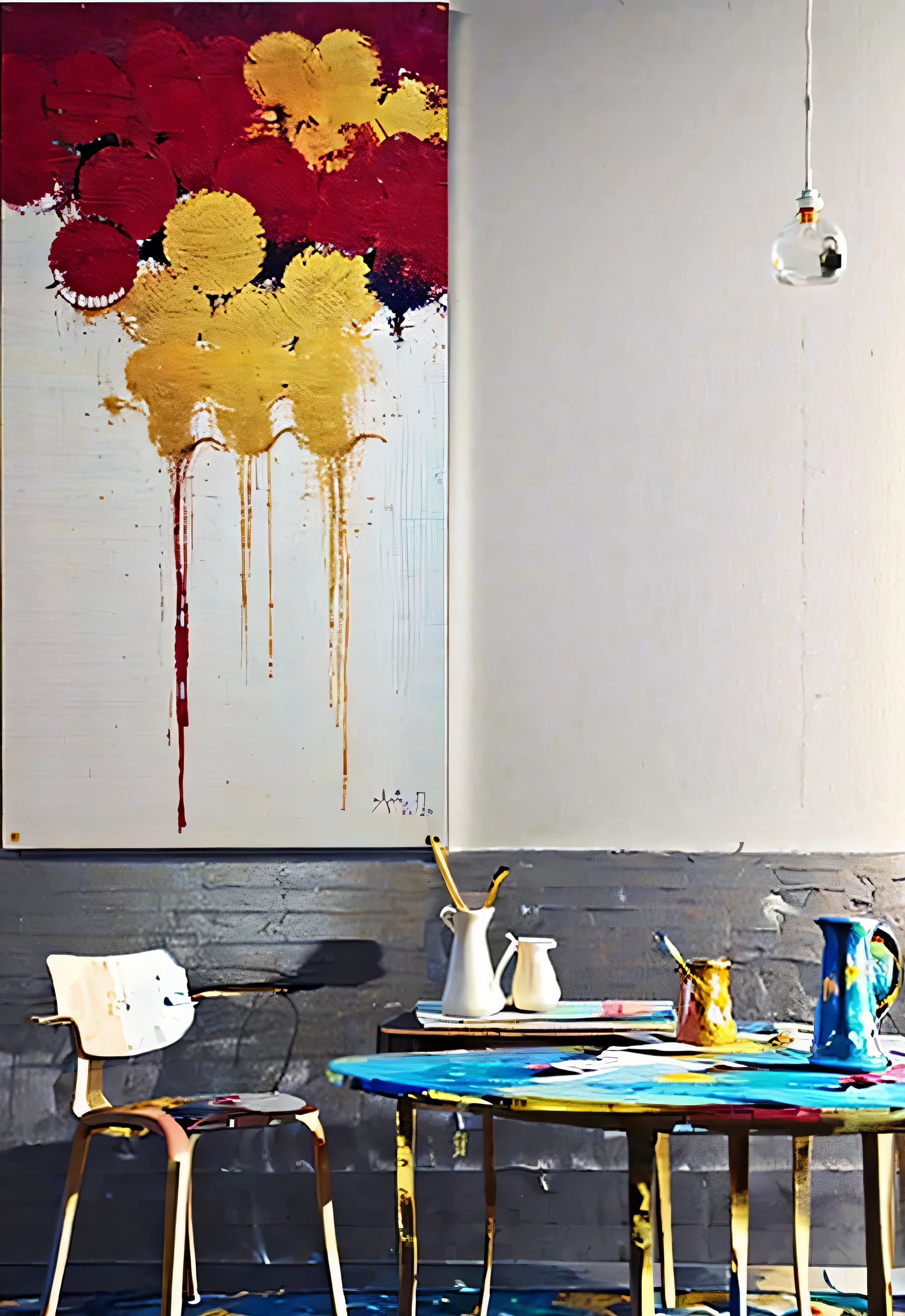 Painting of living room with chairs and table, The paintings are elegant and delicate, modern painting, Abstract简约, high quality painting, Meticulous painting, gold leaf painting, Abstract油画, Abstract oil on canvas, canvas art, glossy painting, Abstract现实主义, paint on canvas, canvas art print, canvas painting, Abstract, textured canvas, modern art style