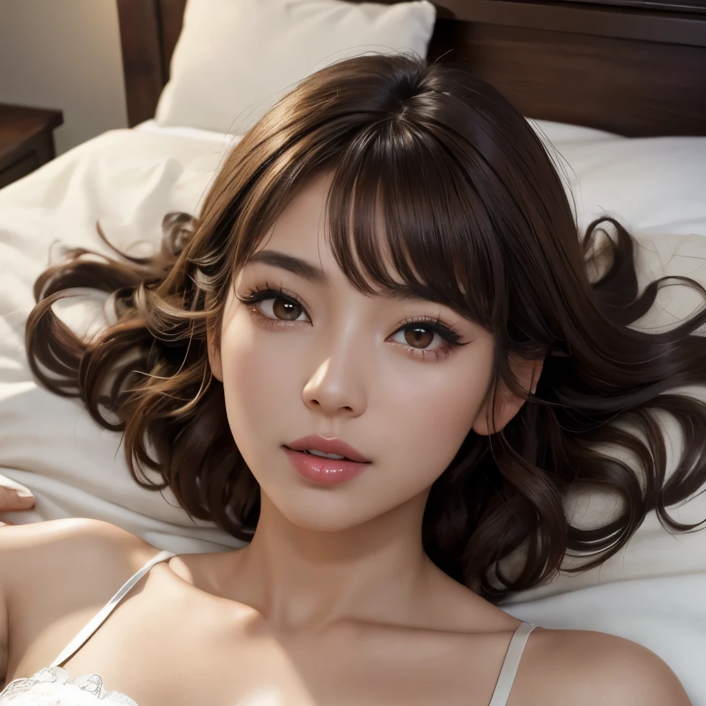 lie on one’s back, (detailed skin:1.2),(shiny skin:1.1),8k,best quality, masterpiece, ultra high res,(photorealistic:1.4),(soft saturation:1.3),(fair skin:1.2),1woman, young, japanese, brown hair, brown eyes, medium hair, asymmetrical hair, wavy hair, asymmetrical bangs, makeup,(lipstick:1.1),(eyeliner:1), mascara, eyeshadow, lie on one’s back, (fucked silly:1), (from above,bed:1.1)