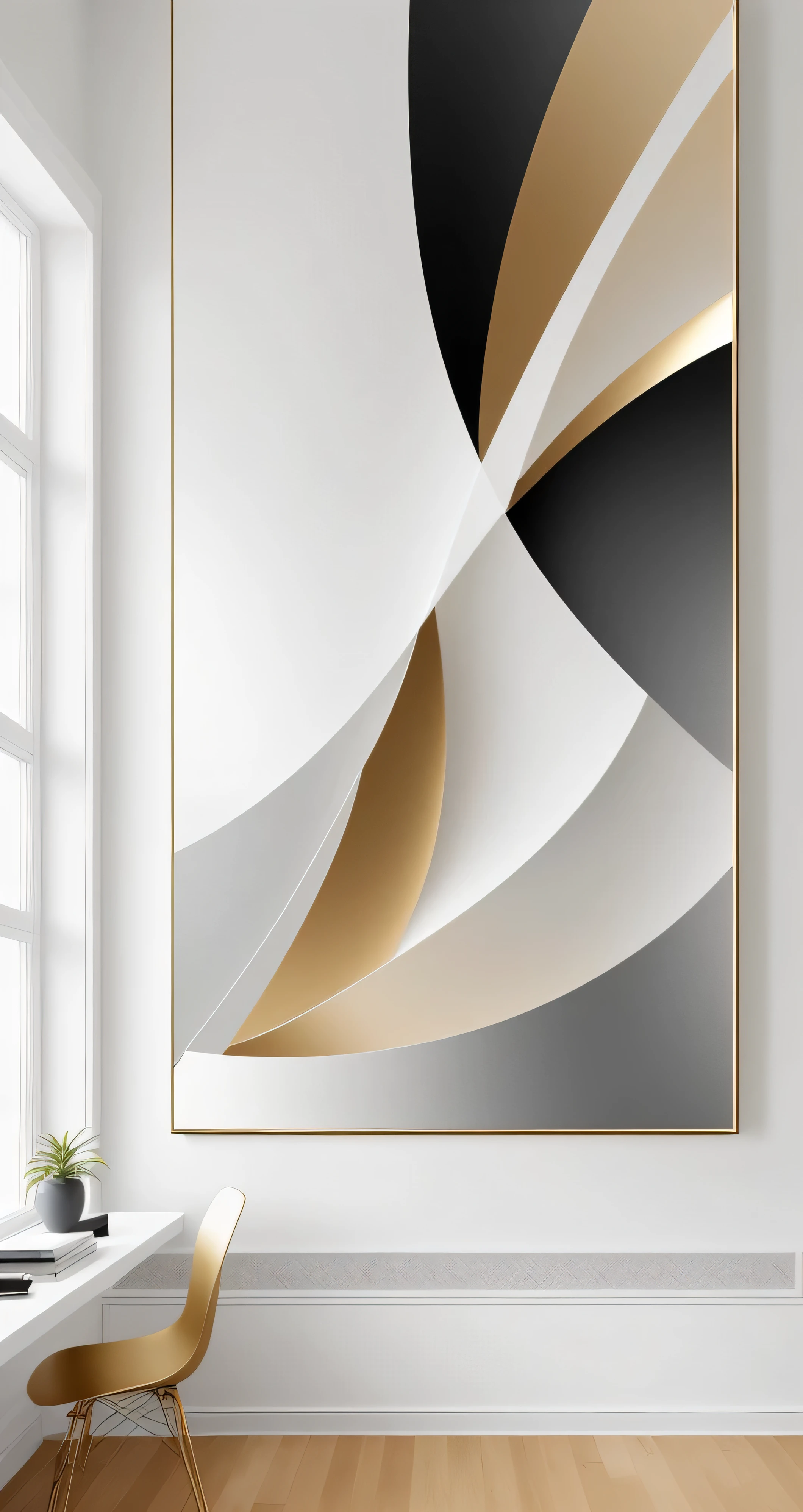 There is a large painting hanging on the wall of the room, 3d geometric abstract art, Abstract 3D artwork, High quality 16k digital art, canvas art print, abstract painting. 8k, minimalist abstract art, abstract minimalist, abstract minimalist线条艺术, tiny vortices, abstract geometric art, generative art, silver white and gold, smooth lines