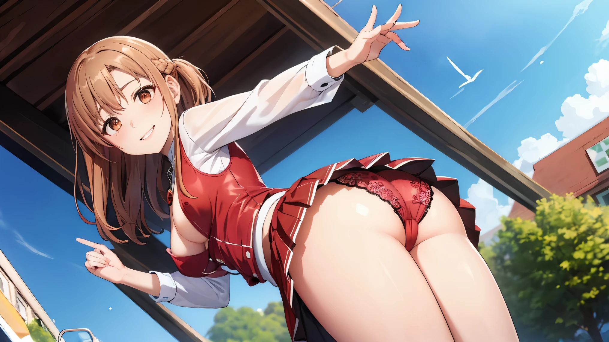 table top, highest quality, High resolution, Arsna, long hair, brown hair, Braid, brown eyes,white shirt,red skirt, cowboy shot,pleated skirt,red vest,close your mouth,light smile, town,city,fantasy,walk,mini skirt,beautiful breasts,,NSFW,Very embarrassing panic smile, (The wind flipped my skirt and exposed my butt.........................、touch your butt with both hands、pink floral lace panties)、