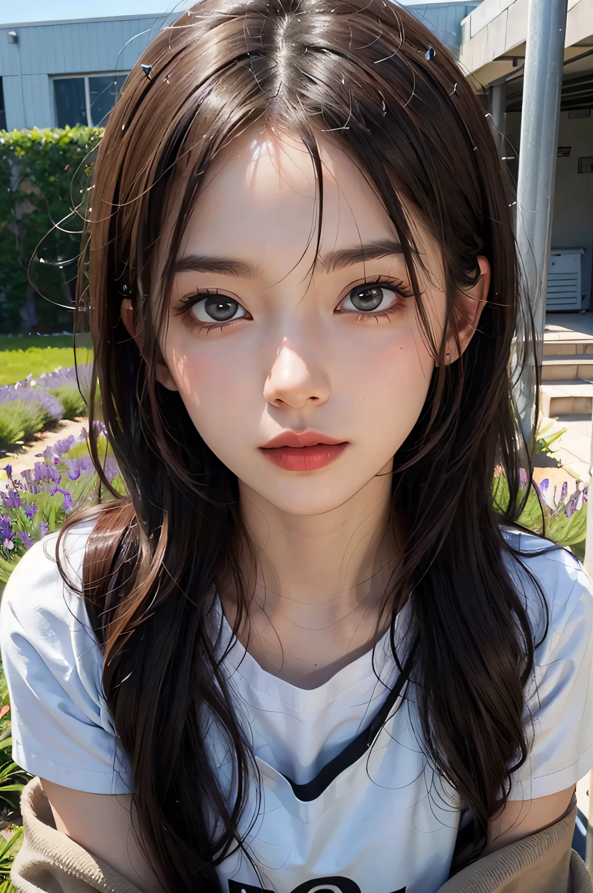 ((best quality)), ((Masterpiece)), (details), perfect face,slender face, beautiful eyes, detailsBeautiful eyes, short golden gray hair, Medium milk, Light shirt with beautiful cartoon pattern., beautiful proportional figure, kneel, soft evening light, In the lavender field, Beautiful colors,