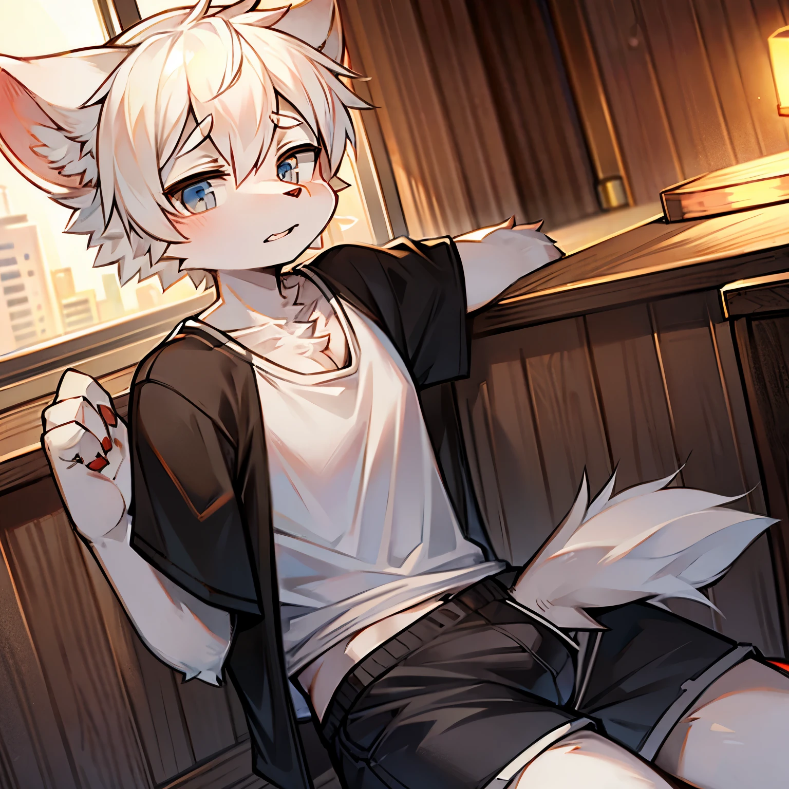 dog boy，dog lop ears，male focus，furry men，Furry Shota，white hair，white skin，Bright Eyes，gray eyes，t-shirt，shorts