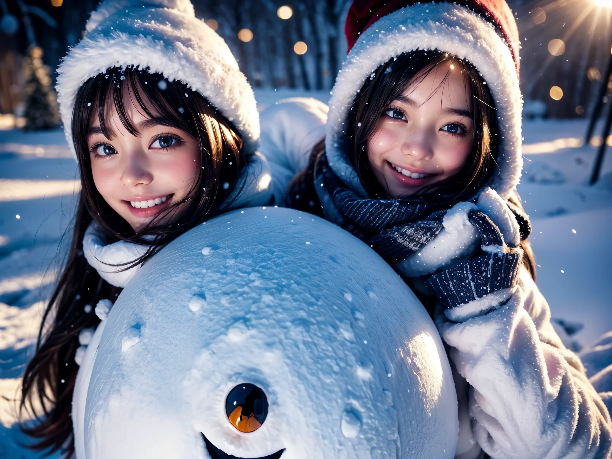 best quality,highres,extremely detailed eyes and face,beautiful detailed eyes,beautiful detailed lips,long eyelashes,1girl,cute smile,wearing a warm winter coat,playing in snow,building a snowman,happy expression,rosy cheeks,soft and fluffy snow,playful interaction between the girl and the snowman,gorgeous winter scenery,sparkling white snow,cold but sunny day,girl with a hat and scarf,pure white snowflakes falling from the sky,joyful laughter and giggles,flashing bright eyes,cautiously sliding down the snow hill,having fun with the abominable snowman,cool blue and white color palette,soft sunlight illuminating the scene,making unforgettable childhood memories.