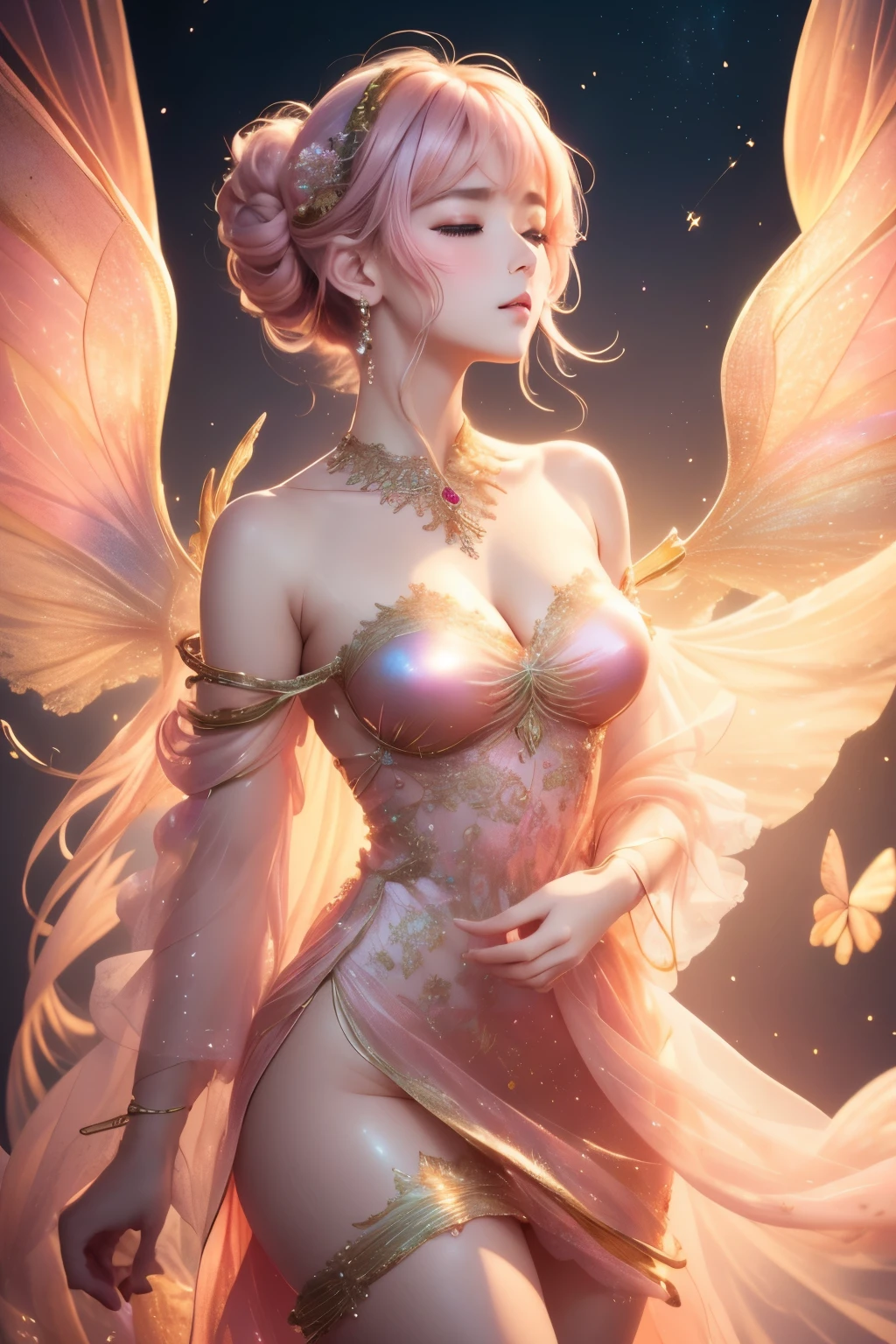 best quality, 32k, RAW photo, incredibly absurdres, extremely detailed, delicate texture, beautiful Heavenly Maiden's Dance, sensual expression, translucent and fluttery pastel colored hagoromo dress, mysterious, background iridescent, pink, orange, scattered gold dust