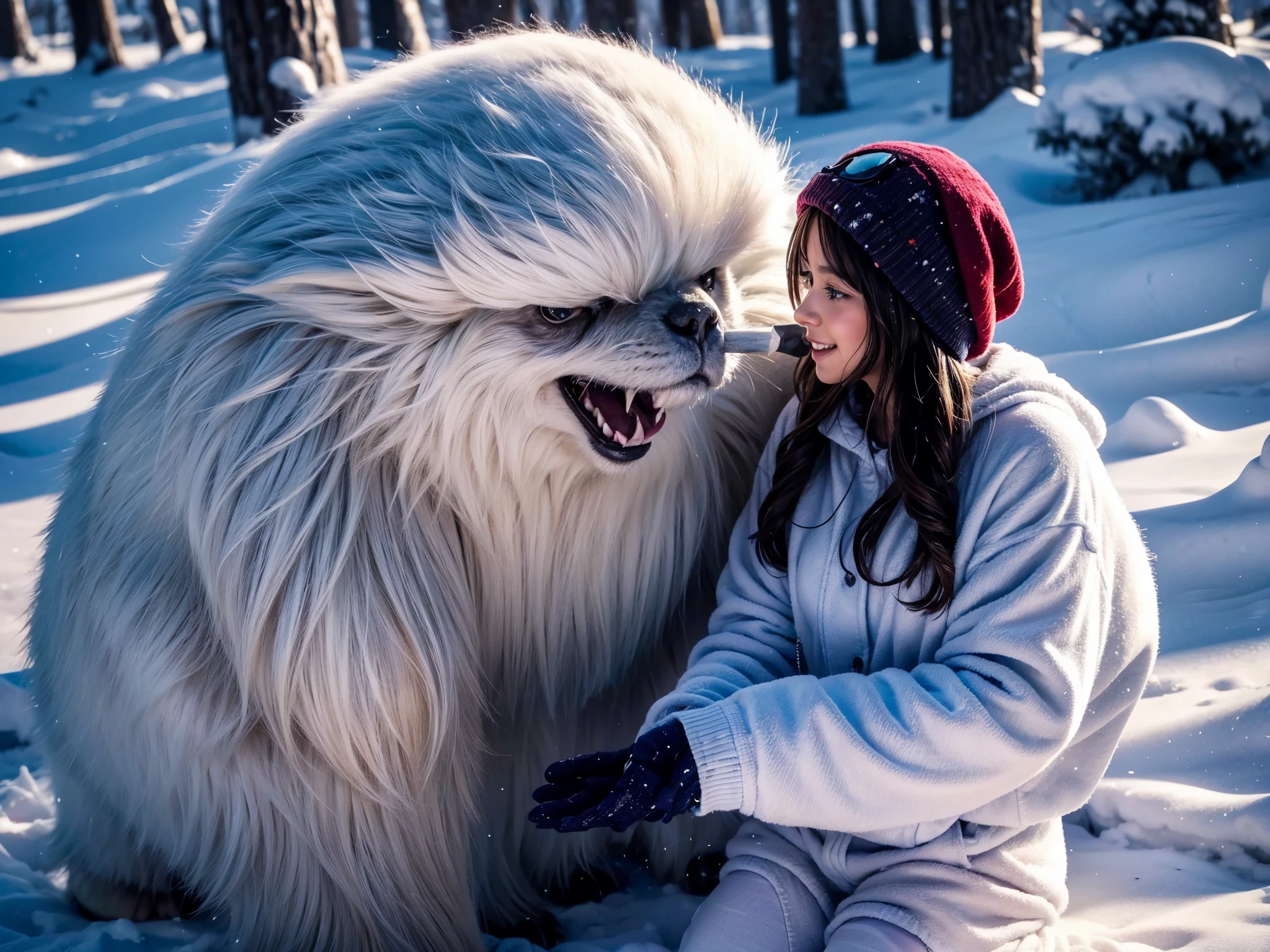 a girl playing with abominable snowman