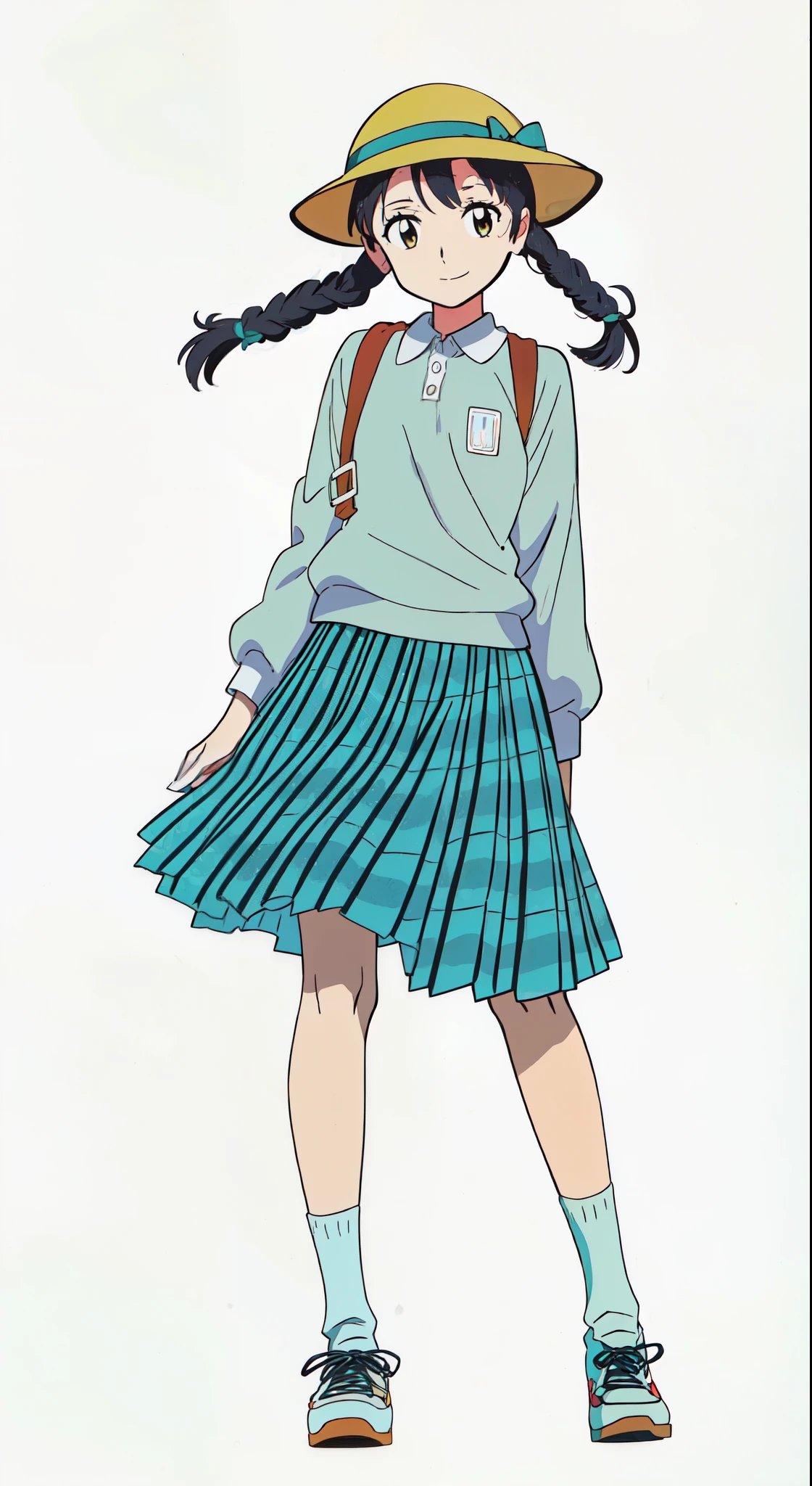 (best quality:1.0), (masterpiece:1.0), (super fine illustration:1.0), (beautiful artwork:1.0), (anime screencap:1.0), (official art:1.0), (cheerful:1.5), (light smile:1.5), (detailed beautiful eyes:1.25), (detailed beautiful face:1.25), (glowing black eyes:1.1), (white background:1.0), (best quality:1.0), (masterpiece:1.0), (super fine illustration:1.0), (beautiful artwork:1.0), (anime screencap:1.0), (official art:1.0), (full body:1.0), (solo:1.0), (ESGA:1.0), (a 12yo cute girl:1.25), (yellow hat:1.25), (red backpack:1.0), (long skirt:1.0), (green tartan skirt:1.0), (pleated skirt:1.0), (aqua blue polo shirt:1.0), (long sleeve polo shirt:1.0), (sneakers:1.0), (white socks:1.25), (ideal ratio body proportions:1.25), (lanky:1.25), (tall:1.25), (slender:1.25), (small breasts:1.25), (smaller face:1.25), (tareme:1.5), (detailed beautiful eyes:1.25), (detailed beautiful face:1.25), (glowing black eyes:1.0), (short hair:1.0), (twin braids:1.0), (black hair:1.0), (looking at viewer:1.25)