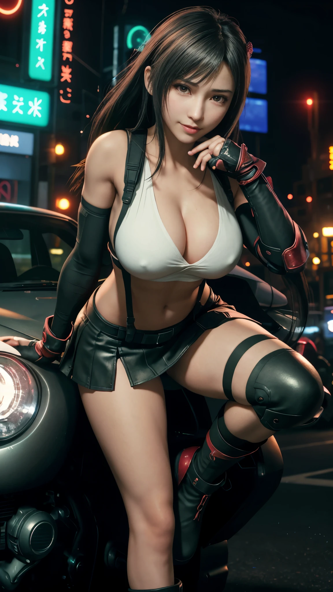 (8k, best quality, masterpiece:1.2), (whole bodyesbian:1.2),(actual, photorealistic:1.37), Super detailed, 1 girl,Lovely, alone, (Tifa Lockhart), (huge breasts),(Beautiful and detailed Eye), (Smile:1.2), (Keep your mouth shut), posture, Dance, neon lights, city View, depth of field, dark intense shadow, sharp focus, car, motion blur, motorcycle, depth of field, Well composed, green glowing light, Final Fantasy VII, obsolete,(nose blushing), Single elbow pad, ankle boots, black hair, black stockings, Red boots, elbow gloves, Elbow pads, fingerless gloves, Skinny shirt, exercise well, (suspender black skirt), thigh, white vest, whole body, headrest, lips, pretty face, Long hair tied low, ((Red_Eye)), flower, (night:1.3), complex, Bokeh, light, photon mapping, radio city, Physically based rendering, (Tetsuya Nomura Style), Stand on one foot,one foot raised,NSFW, perfect breasts