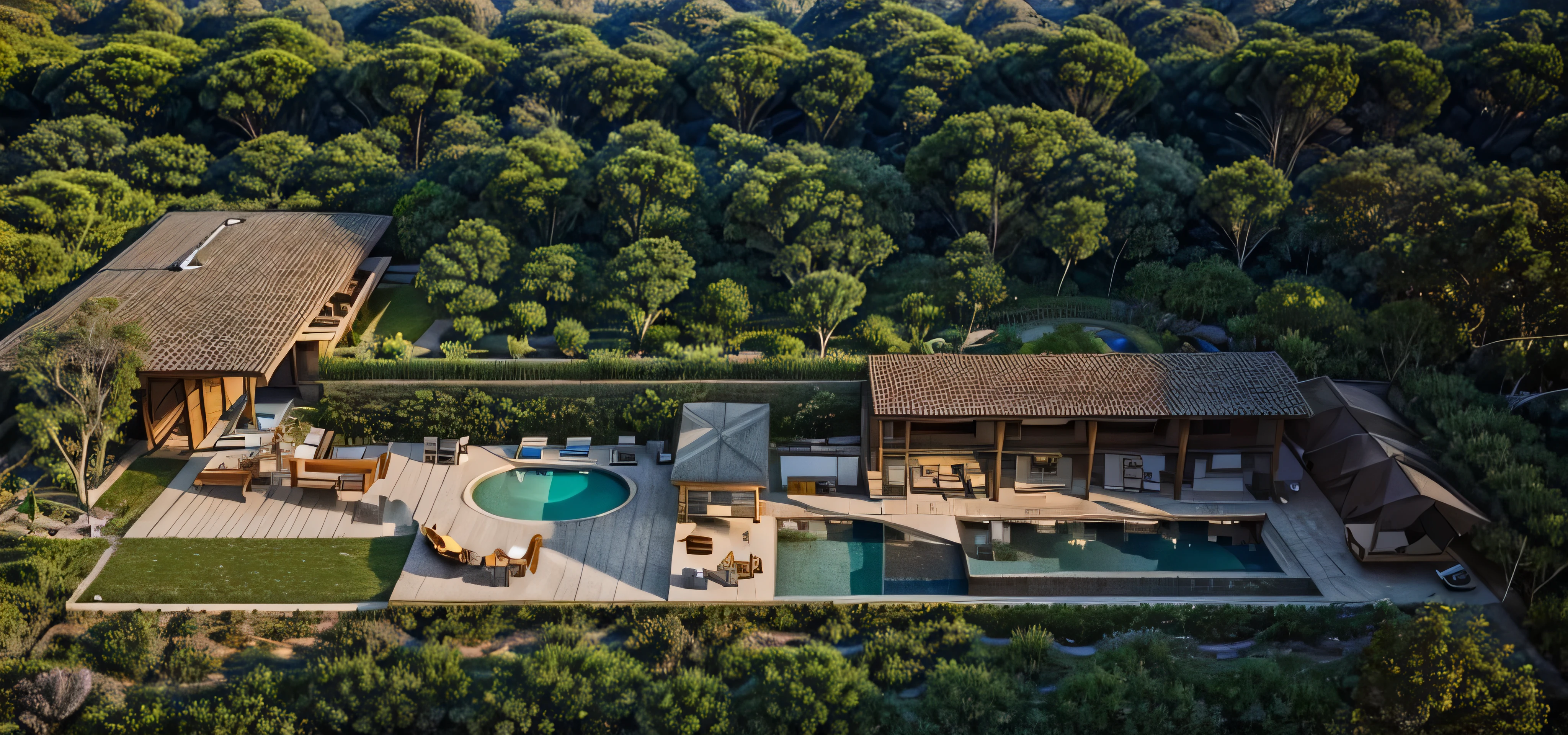 The project is located on a land area of 12x65 square meters, is a type of resort, fenced gate, surrounded by a 3m high fence mixed with rows of trees, functional layout, access to traffic first. The house is arranged with a landscaped garden and the main entrance to the building with an area of 12x30 square meters, the motel is located in the back, the Mediterranean architecture, tall trees are located around the land, the park is located in the back. The project has a long swimming pool, a dining area connected to a common garden, a place to relax, a bbq, the best quality, the project is a masterpiece, the exported photo must have a camera angle to see the entire project, rendered in 3D. max