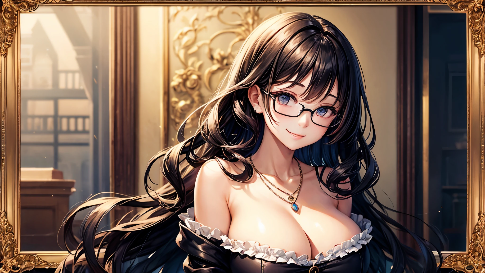Delicate picture, a beautiful girl, long black hair, wavy hairstyle, wearing black-framed glasses, smile, necklace, temperament, big breasts,