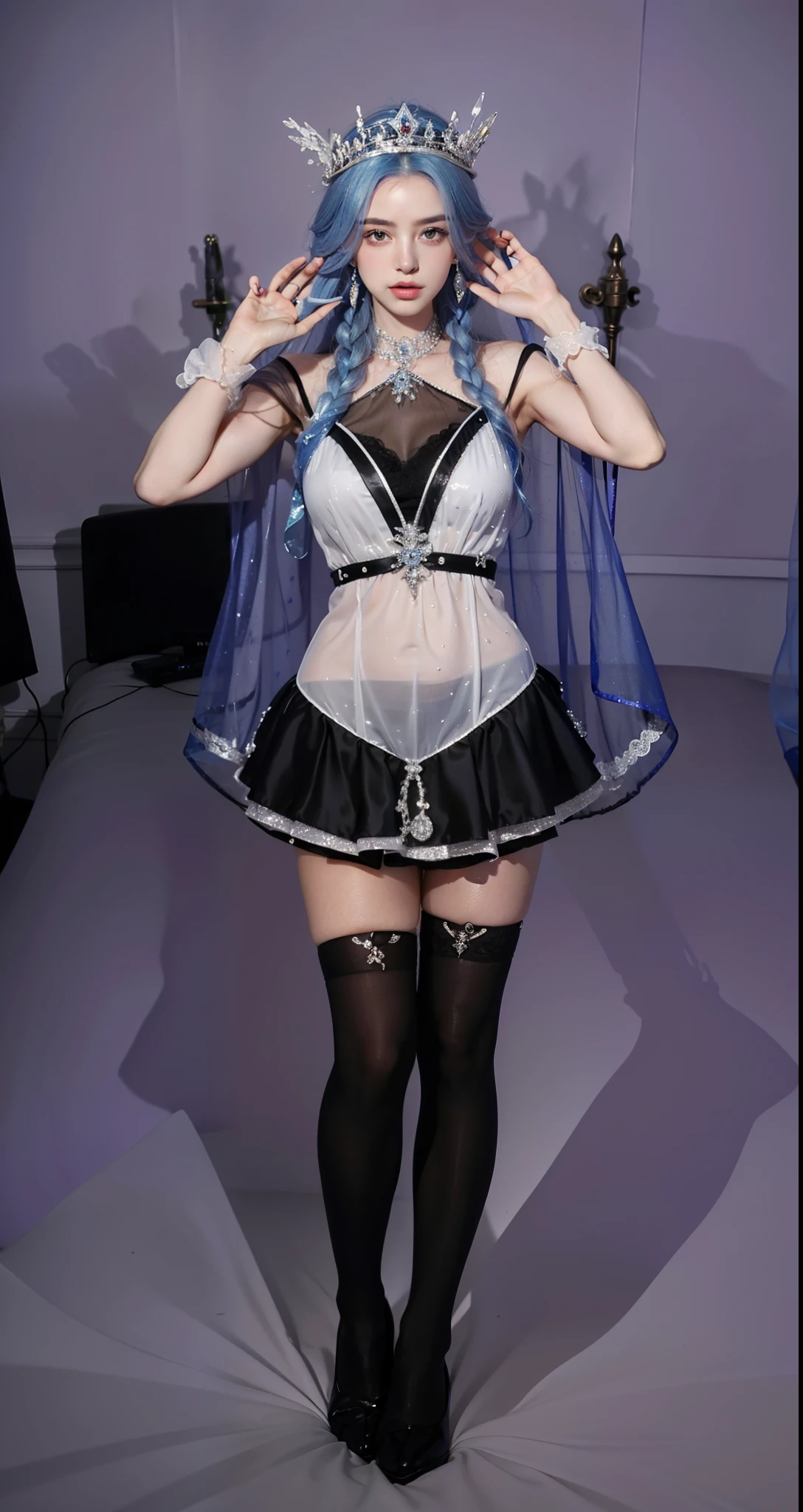 Royal sister，exquisite eyes，Frozen queen，put the crown on your head，Detailed facial expressions body，tall figure，Gorgeous，Leg length，4k，HD，Sensual，translucent lace，白皙plump figure，pretty face，Little cherry mouth，beautiful and delicious（3D royal sister），plump figure，gloss gel coat，Queen in luxurious dress，Crystal Gem Crown，neat five fingers