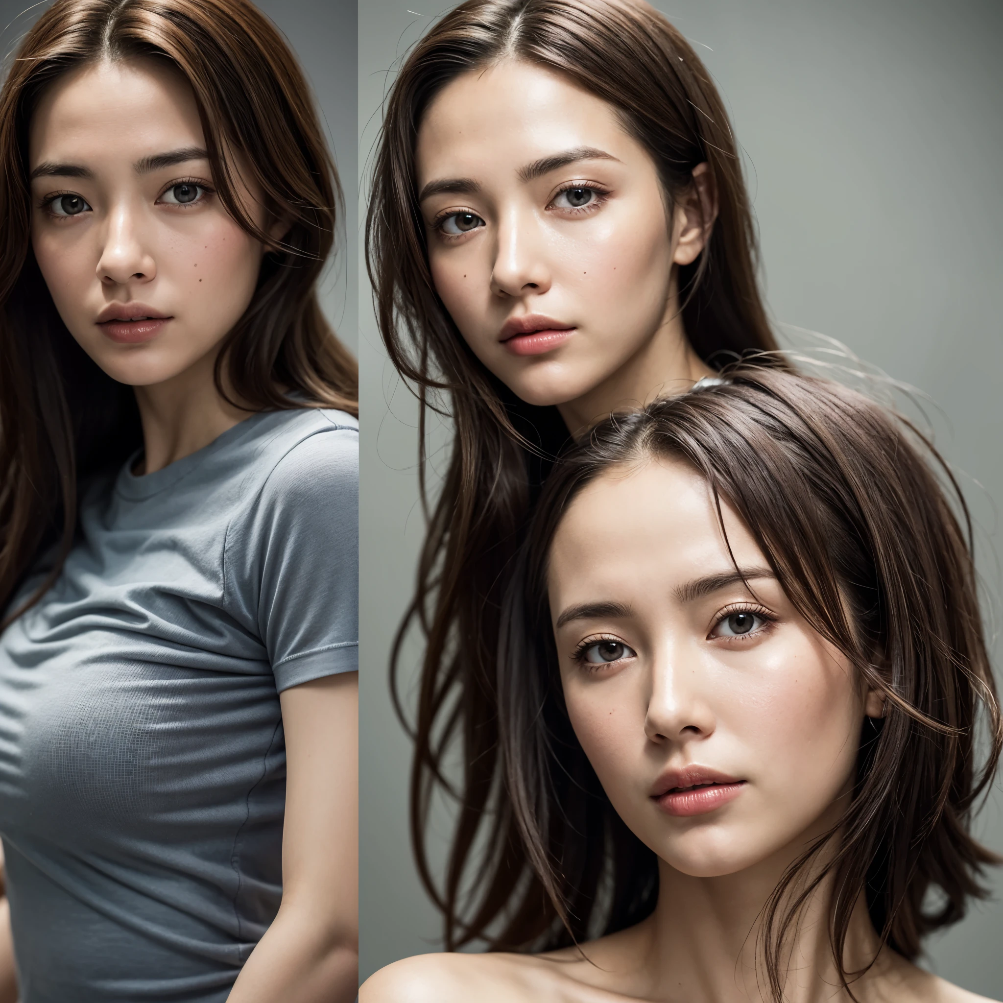 dressed, (photo realistic:1.4), (hyper realistic:1.4), (realistic:1.3), (smoother lighting:1.05), (increase cinematic lighting quality:0.9), 32K, 1girl,20yo girl, long white hair ,realistic lighting, backlighting, light on face, ray trace, (brightening light:1.2), (Increase quality:1.4), (best quality real texture skin:1.4), finely detailed eyes, finely detailed face, finely quality gray eyes, (tired and sleepy and satisfied:0.0), face closeup, t-shirts, (Increase body line mood:1.1), (Increase skin texture beauty:1.1), split into 4 images, shot from multiple angles –ar 2:1 –style raw