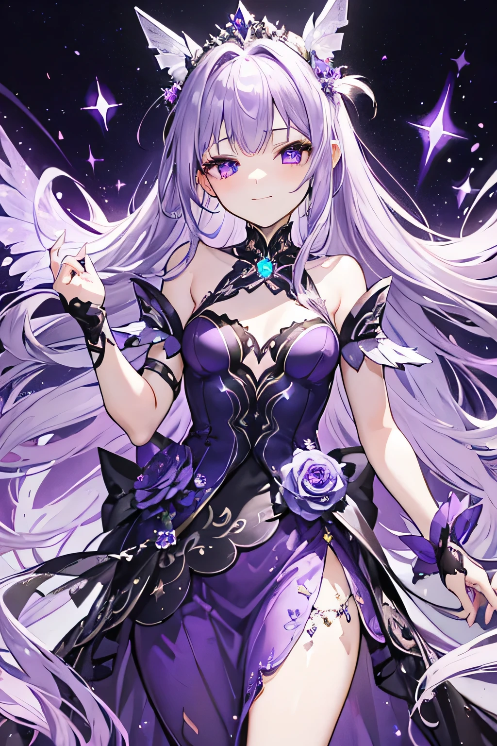 Elegant purple long hair with silver gradient ponytail,purple eyes,Purple flowy dress,star goddess,Gorgeous amethyst tiara,There are small silver wings on the back,The background will glow,small smile,Purple silver Fairy spirit fluttering long skirt,A black cat with purple eyes on the hand,Fairy spirit fluttering,shy smile hairstyle