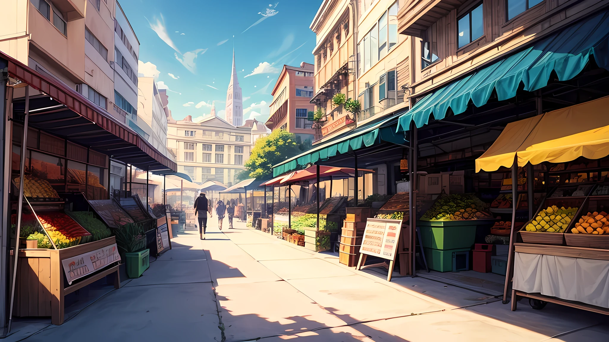 façade, front, outdoor, fruit market novel style, renpy, large environment, no people, single location, anime, scenery, horizontal view