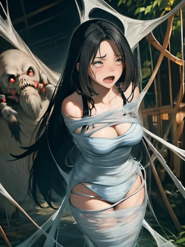 highest quality,slim japanese woman,disheveled long black hair,small breasts,In underwear,,open one's mouth to cry and scream,crying face,Crying,despair,off shoulder, helpless, caught in the net, spider on background, red spider,tentacle, bound, restrained, inside the spider&#39;s web, Net, dirty cocoon, scary face, shy, slave,darkness,dark fantasy