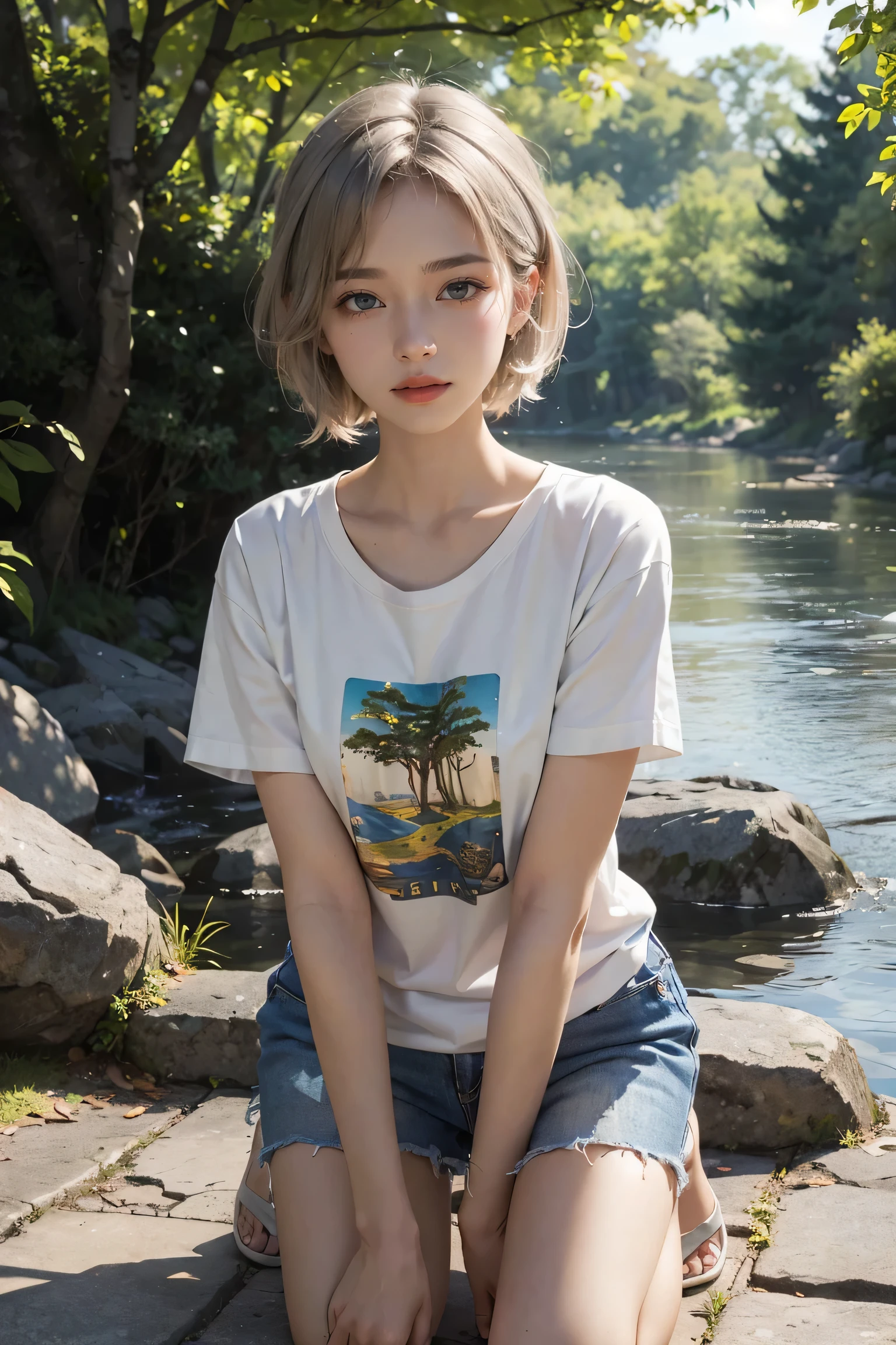 ((best quality)), ((Masterpiece)), (details), perfect face,slender face, beautiful eyes, detailsBeautiful eyes, short golden gray hair, Medium milk, Light shirt with beautiful cartoon pattern.., Kneeling by the river, soft evening light, The light filtering through the leaves is very beautiful.., 