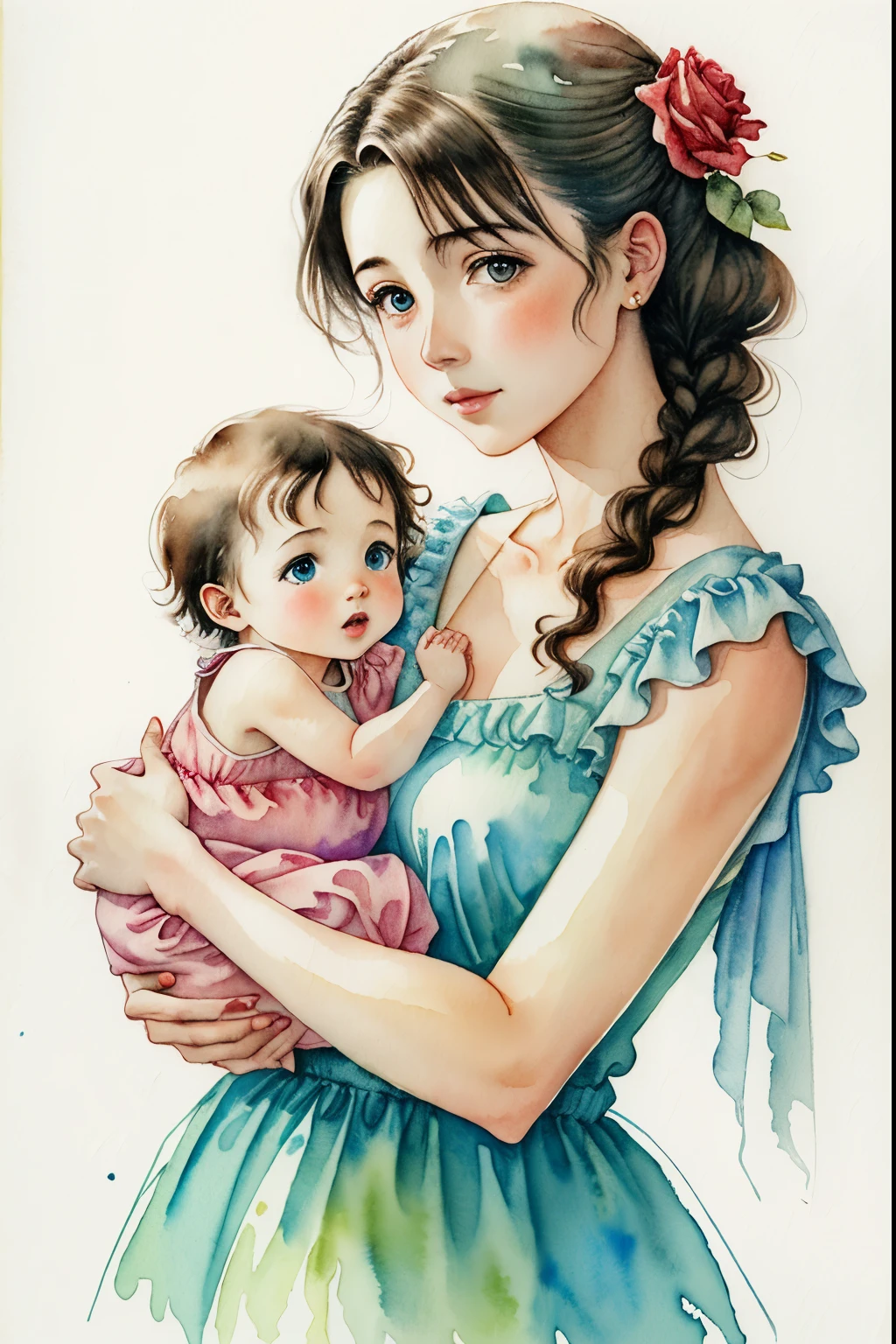 ( watercolor \(half\), , Nice roses,woman holding full month