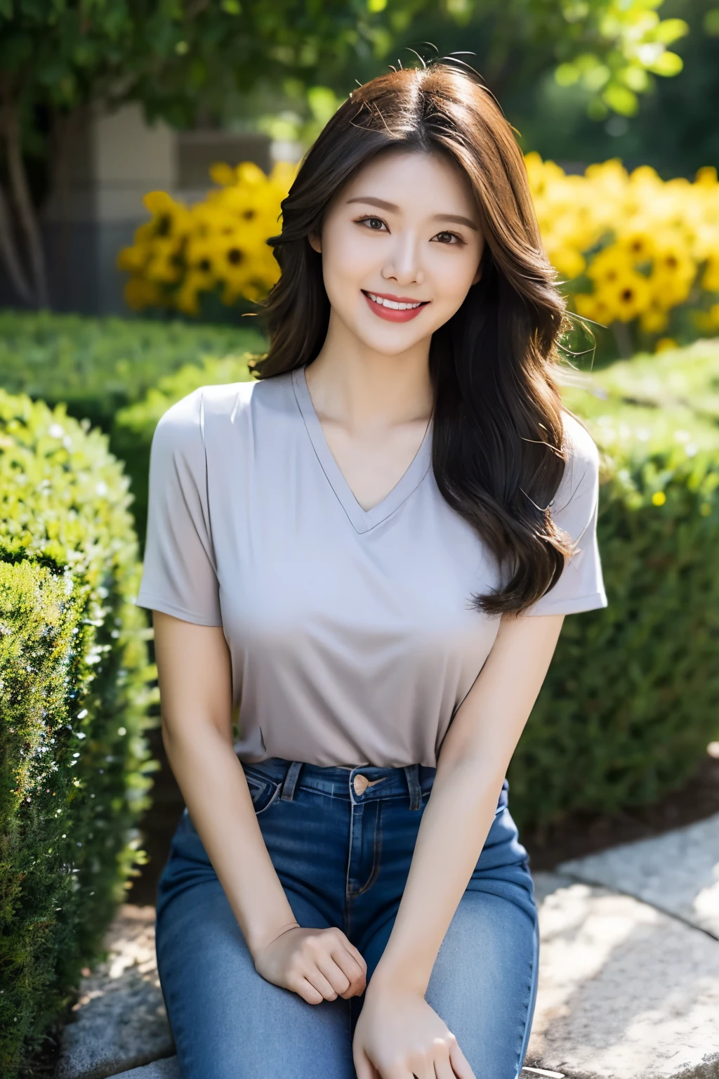 Draw lips correctly, red lipstick, from chest up, best quality, Super detailed, lifelike, Super fine skin, perfect anatomy, (1 日本Mature的女人), (alone),gray shirt,short sleeve,jeans,wavy long hair,40 year old female,Mature,charming smile,garden background,stand,Slightly fat,medium chest,full-body shot。