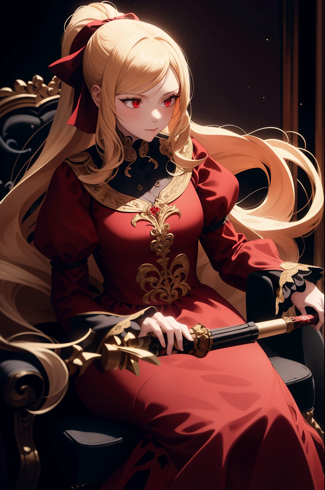 light particles, soft lighting, volumetric lighting, intricate details, finely detailed,

1girl, solo,

blonde hair, long hair, high ponytail,

red eyes, long eyelashes, thick eyelashes, looking at viewer,

red dress, ornate dress, backless dress, puffy sleeves, juliet sleeves, (long sleeves:1.2), red bow,

black background, simple background, look in front, sitting on throne, smilling evily, wearing black and red long dress decorated with black rosee, holding a scepter

