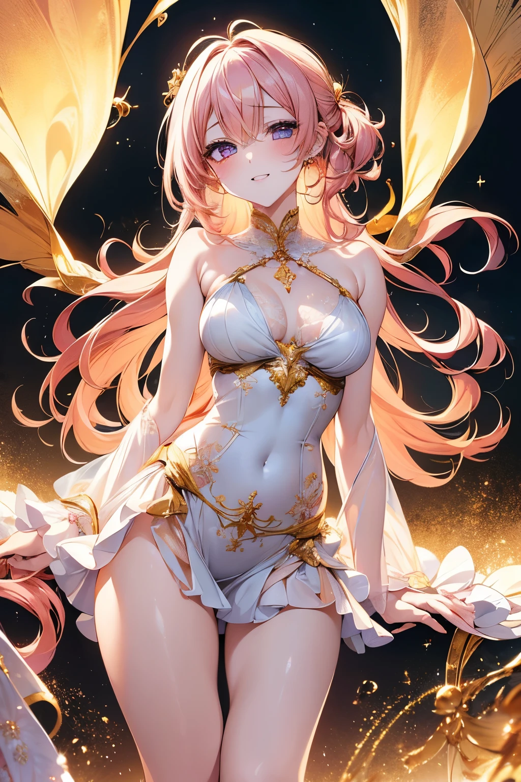 best quality, 32k, RAW photo, incredibly absurdres, extremely detailed, delicate texture, beautiful Heavenly Maiden's Dance, hair over one eye, amorous and lewd expression, translucent and fluttery pastel colored hagoromo dress, mysterious, superlative body proportion, background iridescent, pink, orange, scattered gold dust