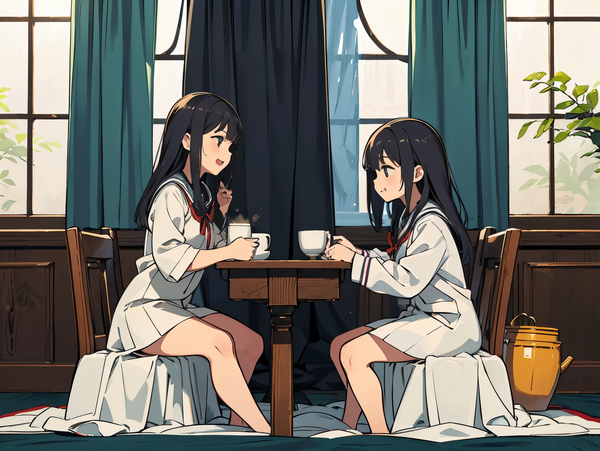 masterpiece, best quality, 2 girls are seated on the carpet in a room, facing each other across a glass coffee table.They are eating snacks and talking with laughter. One is a middle school student with a yellow bob, and the other is a high school student with long black hair, Sunlight shines in through the window of the room, light watercolor style
