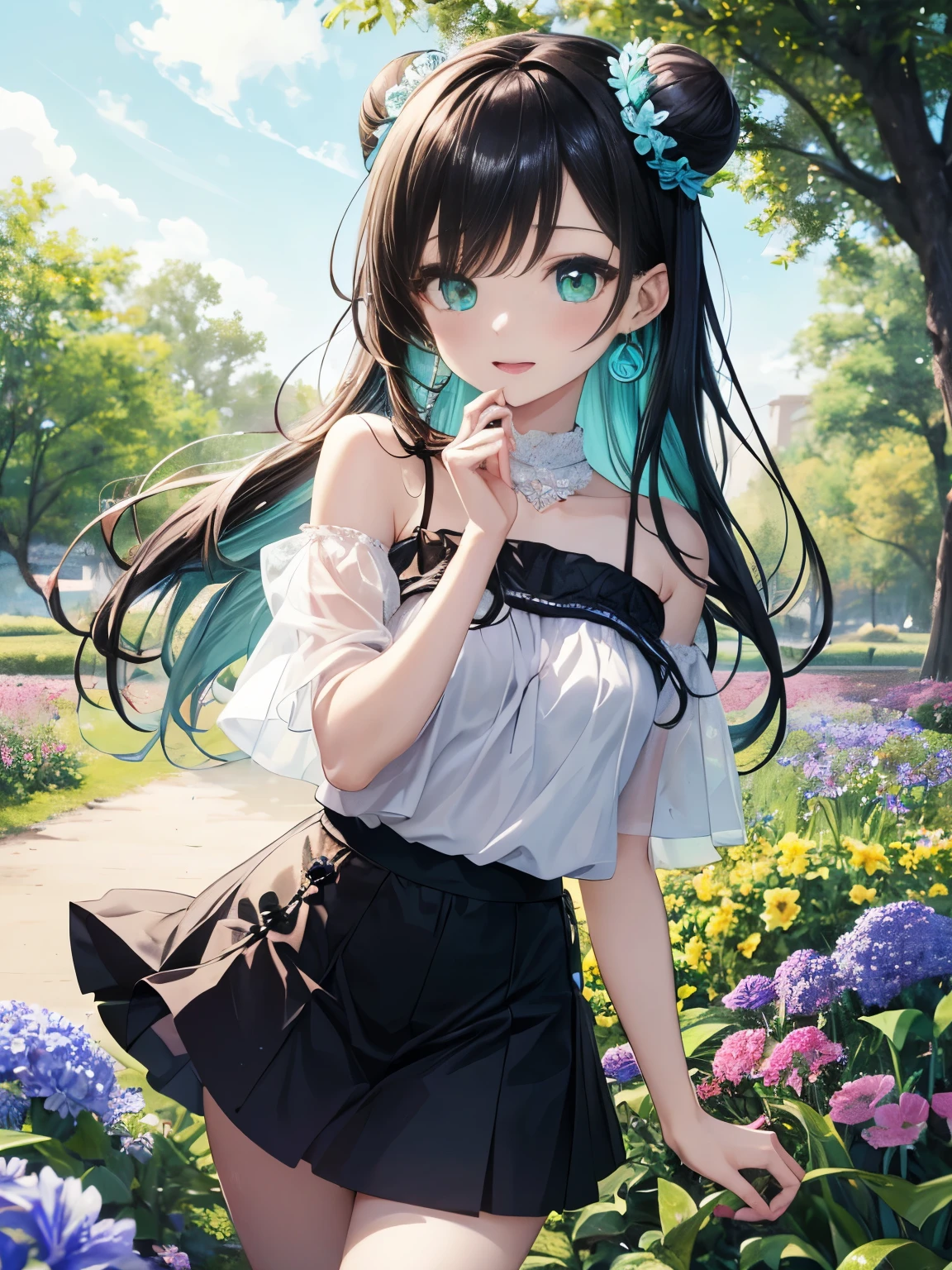 The arrival of spring、 (solo:1.5,)super detailed,bright colors, very beautiful detailed anime face and eyes, Look straight, ;D, shiny_skin,girl, ((two bun hair)) long hair in two buns, ((slicked back hairstyle))、forehead is exposed.、black hair、green eyes、、shiny hair, delicate beautiful face, blush、(turquoise eyes), White skin, Barrette, earrings,、blue flower field、Tube top、mini skirt、