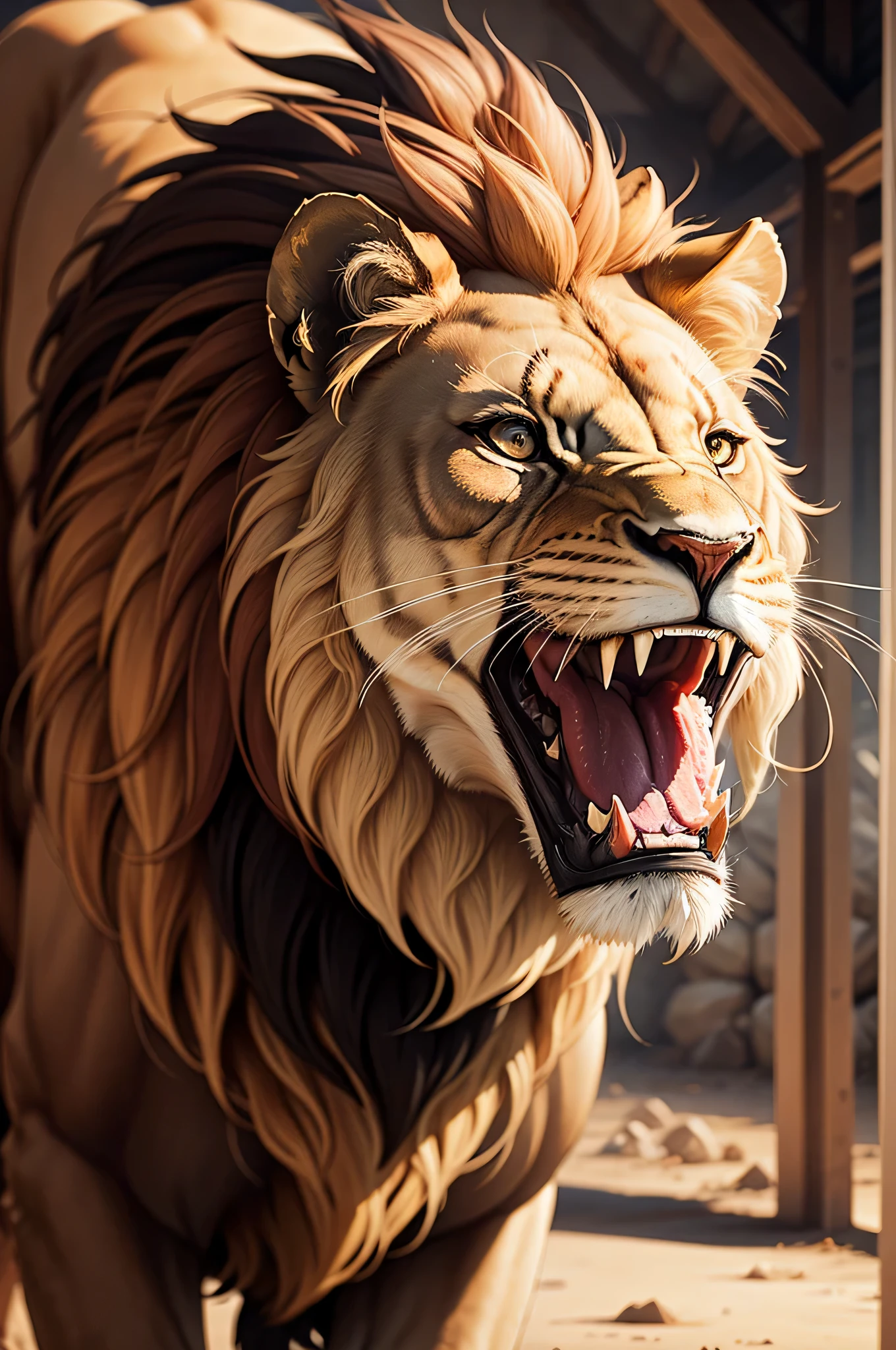 A lion facing forward and opening its mouth