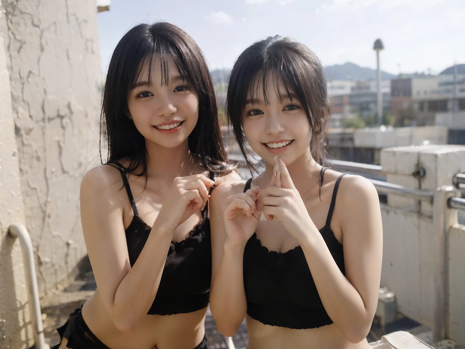 identical twin sisters、(8k, RAW photo, highest quality, masterpiece: 1.2), Super detailed, super resolution, (realistic, real photo: 1.37), (photorealistic: 1.6), Eating lunch on the school rooftop. , fantastic scenery, Cute lunch box, school rooftop, Lunch break, Fashionable school, future city, school of the future, future world, fantastic world, new world, High resolution RAW color photos, professional photos, very detailed and beautiful, (Point to the camera), real light (Open your hands wide and turn your palms towards you), Please smile so much that you can see your teeth, Beautiful scenery with mixed lights, very elaborate sailor suit, Amazingly cute female proofreader, super cute smile, super cute face, amazing details, red scarf, Highly detailed beautiful girls, a different face, One is a ponytail, modern and cute , Highly detailed face Highly detailed eyes, very realistic skin, very fine fingers, very small nose, very knowledgeable mouth, perfect anatomy, very elaborate sailor suit, highly detailed background,after school,。 lots of smiles, long straight hair, (dull bangs: 1.2), Celebrity level cuteness, high school girl youth (pink eyeshadow)