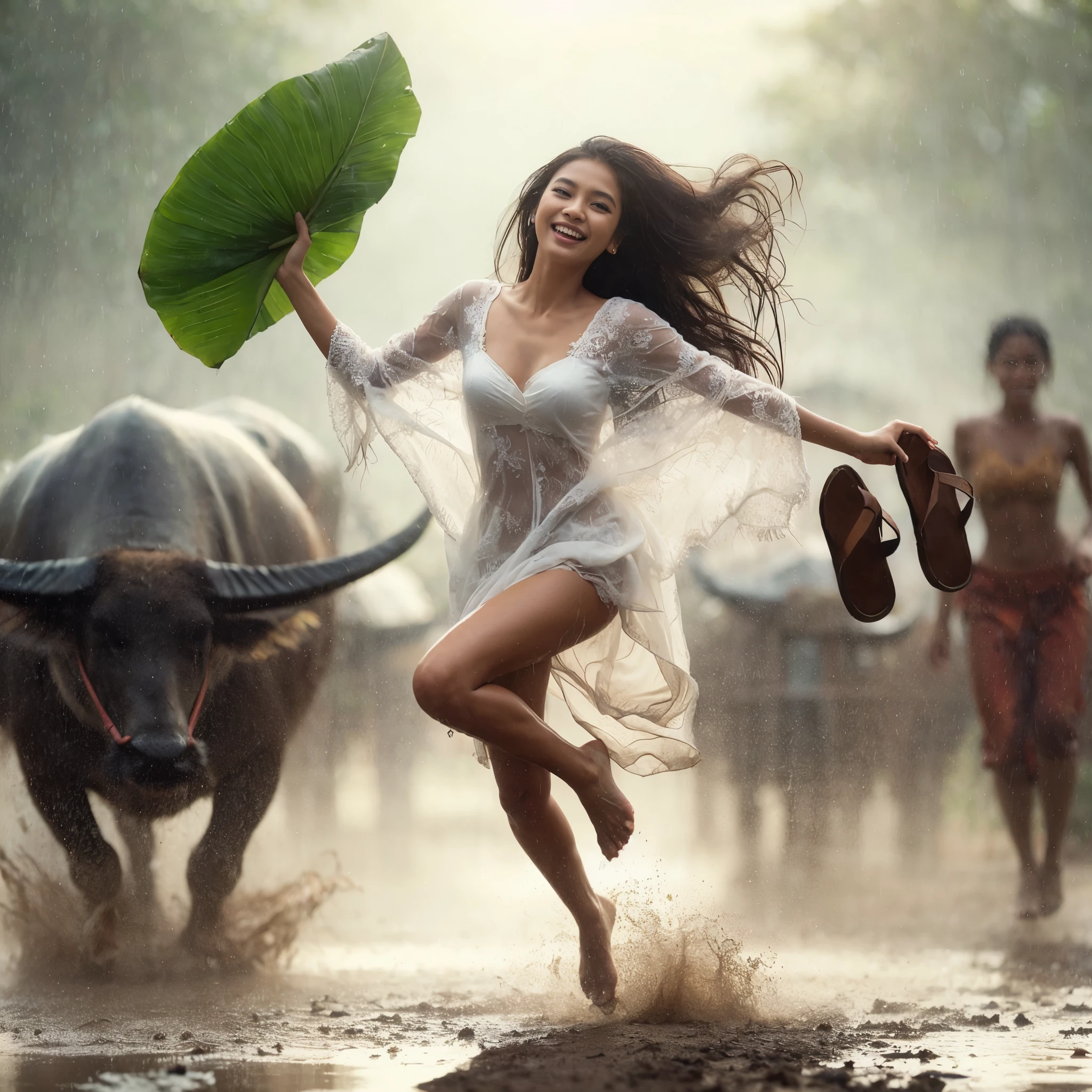 young Indonesian beautiful woman, wearing a wet white kebaya, long hair, heavy rain, right hand holding one a wide banana leaf, left hand carrying sandals, muddy road,she is high jumping and down dancing and laughing happily, the background is a farmer, a buffalo , much water splash effect. HD professional photographer, epicrealism models, atmospheric impressionism, bokeh, film dramatic realism,ultra upscale ultra detail on facial skin, soft focus realism --ar 36:61 --stylize 7