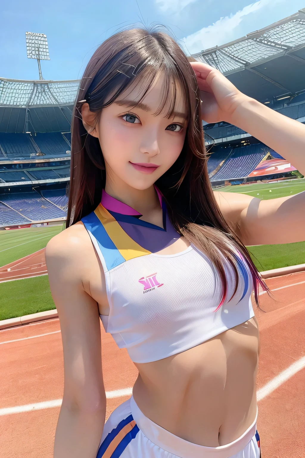 pieces fly、masterpiece、highest quality、Super detailed、High resolution、High resolution、8K portrait、Unity 8k壁紙のHigh resolutionCG、unity 8k wallpaper、cute:1.5、:1.5、Highly detailed CG unity 8k wallpaper、realistic、real person、cute、 portrait photography、shiny skin、High resolution、(20-year-old:1.2)、(1 girl)、beautiful clear eyes、very detailed explanation、delicate face、nice lips、slender body、thin waist、long and thin legs、(athletics stadium:1.3)、(small breasts:1.6)、(Colorful sleeveless track and field uniform:1.4)、(The nipples are transparent:1.3)、(smile:1.2)、(abs:1.4)、(take a pose:1.3)
