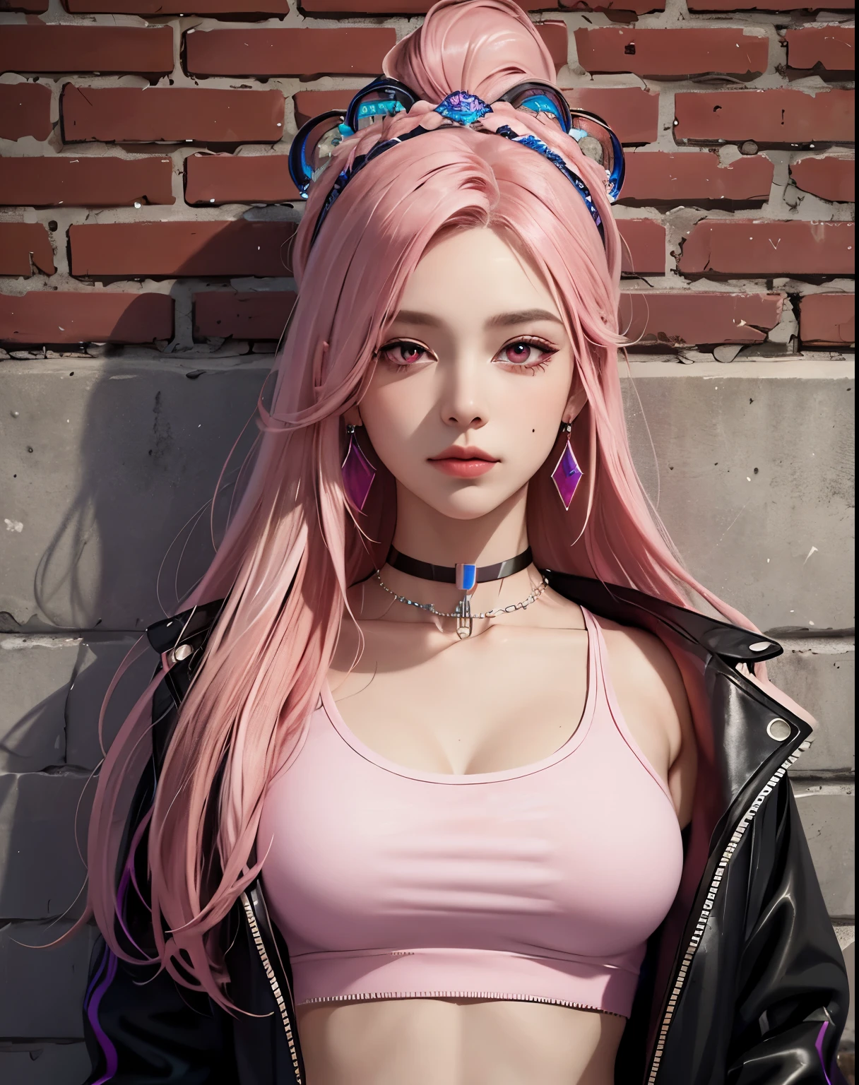 (masterpiece, highest quality, 1 girl, alone, intricate details, chromatic aberration), realistic, ((Medium breath)),long hair, pink hair, red headdress, pink highlights, hair above one eye,purple eyes, earrings, clear eyes, choker, neon shirt, open jacket, crop top, (symmetrical eyes),(perfect symmetrical body),towards the wall, brick wall, graffiti, dim lighting, alley ,look at the audience