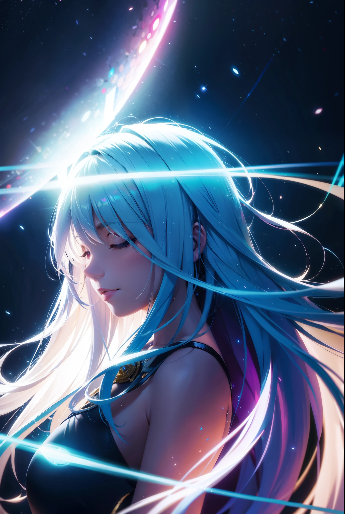 woman,long hair ,sunlight ,medium breasts, iridescent dress, glowing stars, A digital illustration, glowing stars, defraction spikes, chromatic aberration, AND (glowing, holofoil:0.6), smilling