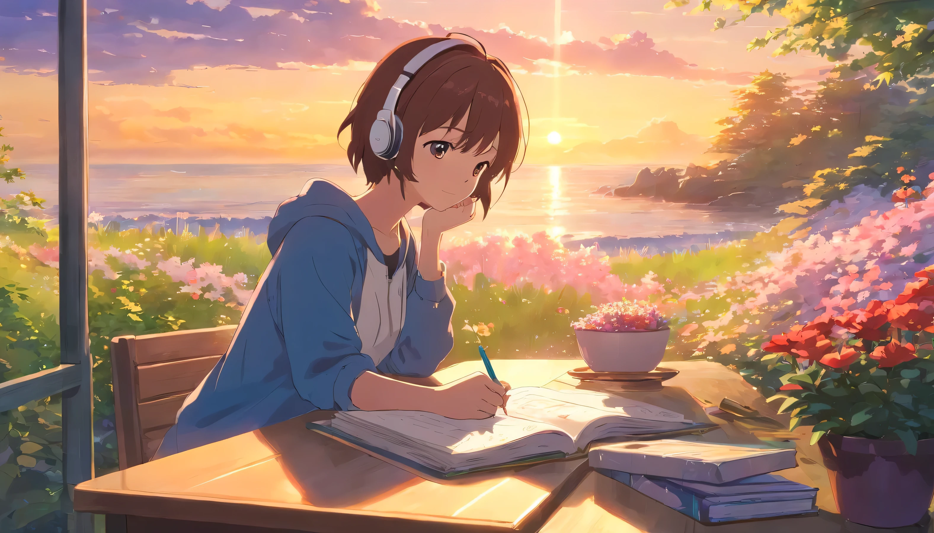 Image of a pencil placed in an open gratitude journal, wear headphones,surrounded by small flowers, 一杯の紅茶Alsoはコーヒー, And in the background you can see a soft sunset. This image is、take some quiet time、Let's look back on the little things in life、evoke feelings of gratitude。...., What is the central theme of your channel??. Make sure your images are clear and attractive, Has a visual balance that is pleasing to the eye. Also, Easy to read channel title text、Please place it prominently in the thumbnail。。.... attractive thumbnail、Increase channel awareness、Helps you attract more viewers。...