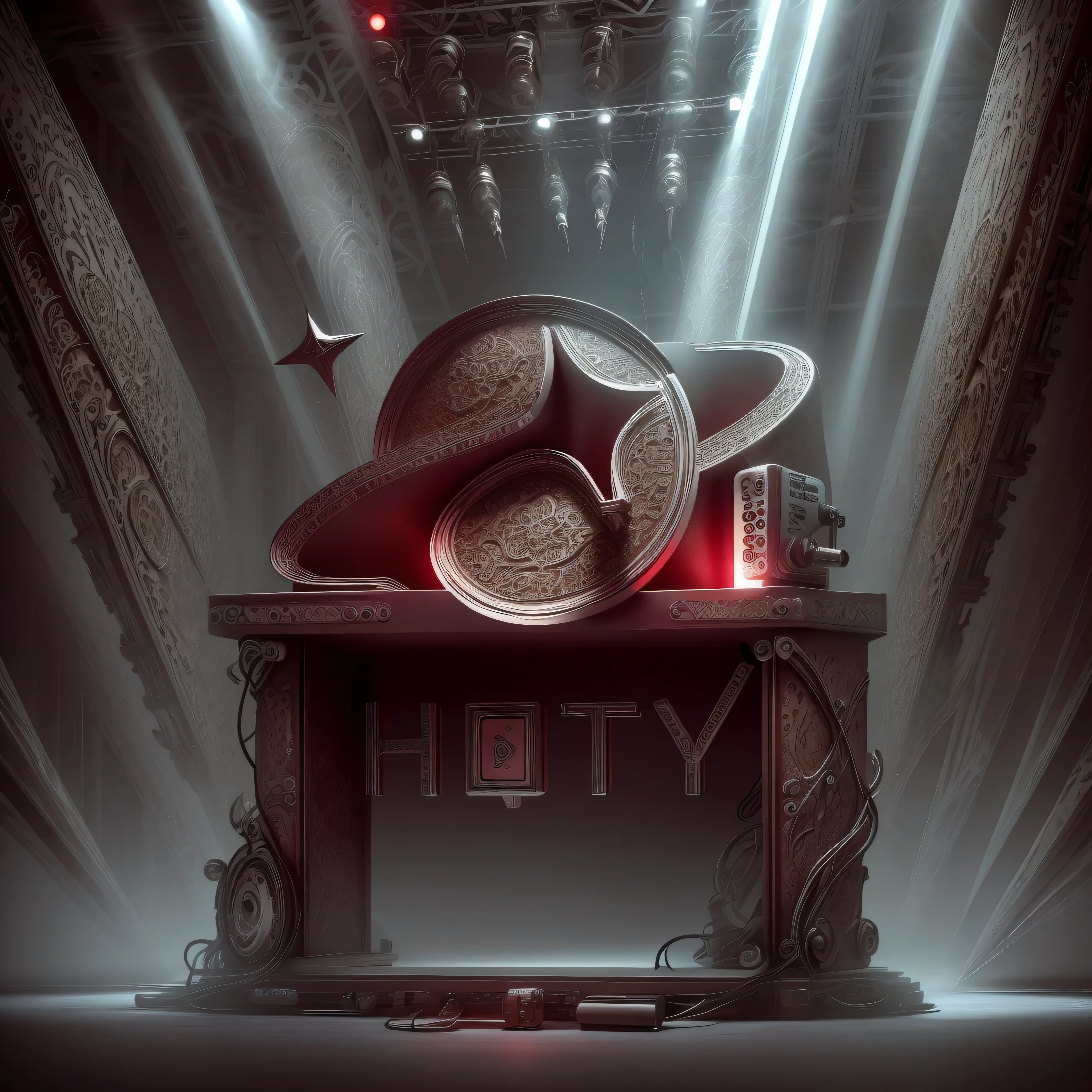 masterpiece，best quality，super detailed，Small stage，band，microphone，electric guitar，mixer，vocal，keyboard，dark gothic pattern，earphone，Indoor light