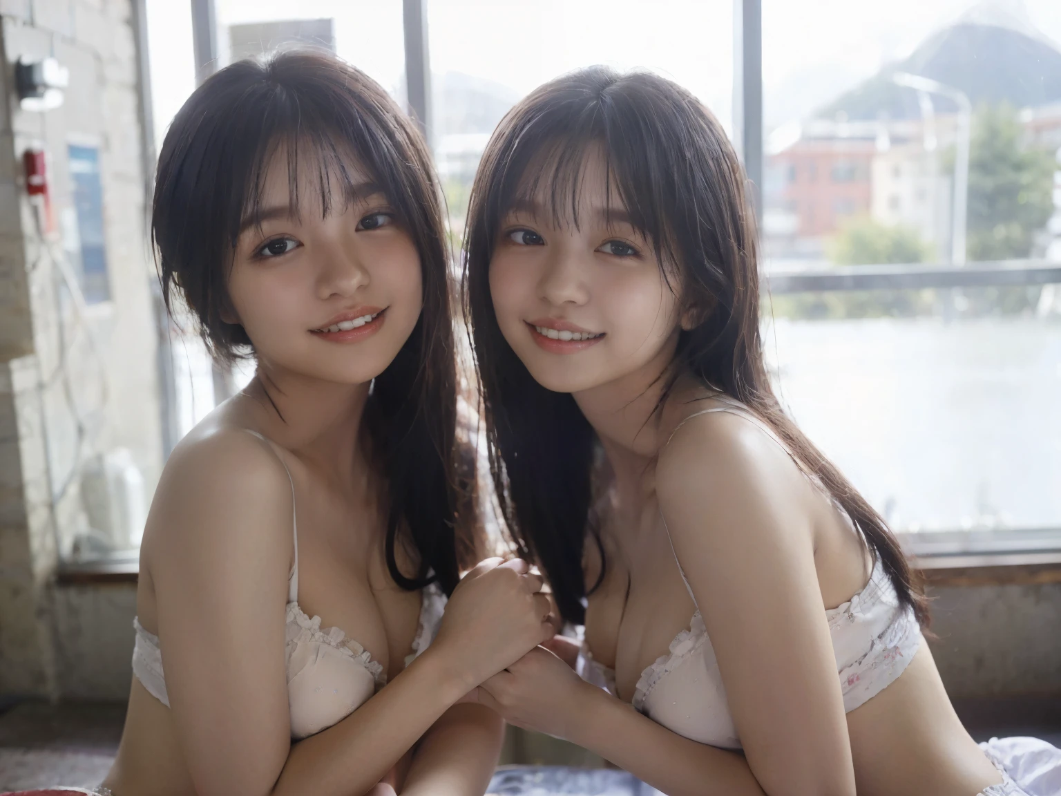 identical twin sisters、(8k, RAW photo, highest quality, masterpiece: 1.2), Super detailed, super resolution, (realistic, real photo: 1.37), (photorealistic: 1.6), Eating lunch on the school rooftop. , fantastic scenery, Cute lunch box, school rooftop, Lunch break, Fashionable school, future city, school of the future, future world, fantastic world, new world, High resolution RAW color photos, professional photos, very detailed and beautiful, (Point to the camera), real light (Open your hands wide and turn your palms towards you), Please smile so much that you can see your teeth, Beautiful scenery with mixed lights, very elaborate sailor suit, Amazingly cute female proofreader, super cute smile, super cute face, amazing details, red scarf, Highly detailed beautiful girls, a different face, One is a ponytail, modern and cute , Highly detailed face Highly detailed eyes, very realistic skin, very fine fingers, very small nose, very knowledgeable mouth, perfect anatomy, very elaborate sailor suit, highly detailed background,after school,。 lots of smiles, long straight hair, (dull bangs: 1.2), Celebrity level cuteness, high school girl youth (pink eyeshadow)