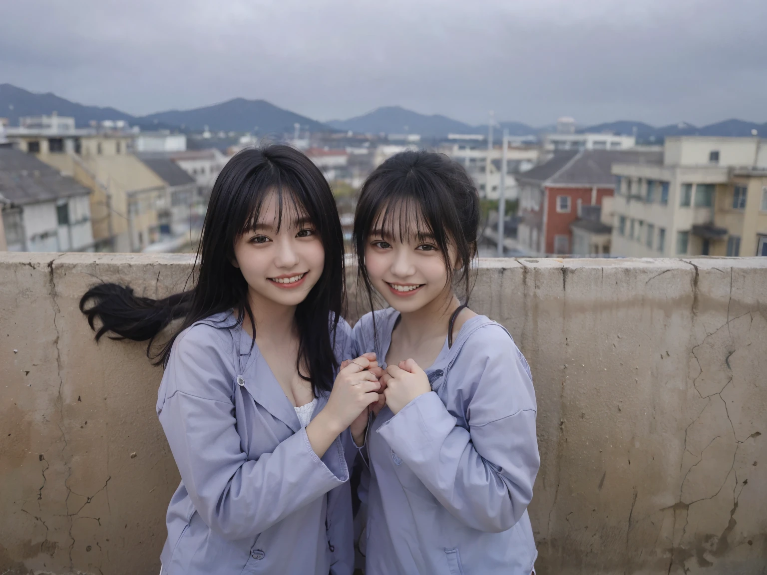 identical twin sisters、(8k, RAW photo, highest quality, masterpiece: 1.2), Super detailed, super resolution, (realistic, real photo: 1.37), (photorealistic: 1.6), Eating lunch on the school rooftop. , fantastic scenery, Cute lunch box, school rooftop, Lunch break, Fashionable school, future city, school of the future, future world, fantastic world, new world, High resolution RAW color photos, professional photos, very detailed and beautiful, (Point to the camera), real light (Open your hands wide and turn your palms towards you), Please smile so much that you can see your teeth, Beautiful scenery with mixed lights, very elaborate sailor suit, Amazingly cute female proofreader, super cute smile, super cute face, amazing details, red scarf, Highly detailed beautiful girls, a different face, One is a ponytail, modern and cute , Highly detailed face Highly detailed eyes, very realistic skin, very fine fingers, very small nose, very knowledgeable mouth, perfect anatomy, very elaborate sailor suit, highly detailed background,after school,。 lots of smiles, long straight hair, (dull bangs: 1.2), Celebrity level cuteness, high school girl youth (pink eyeshadow)