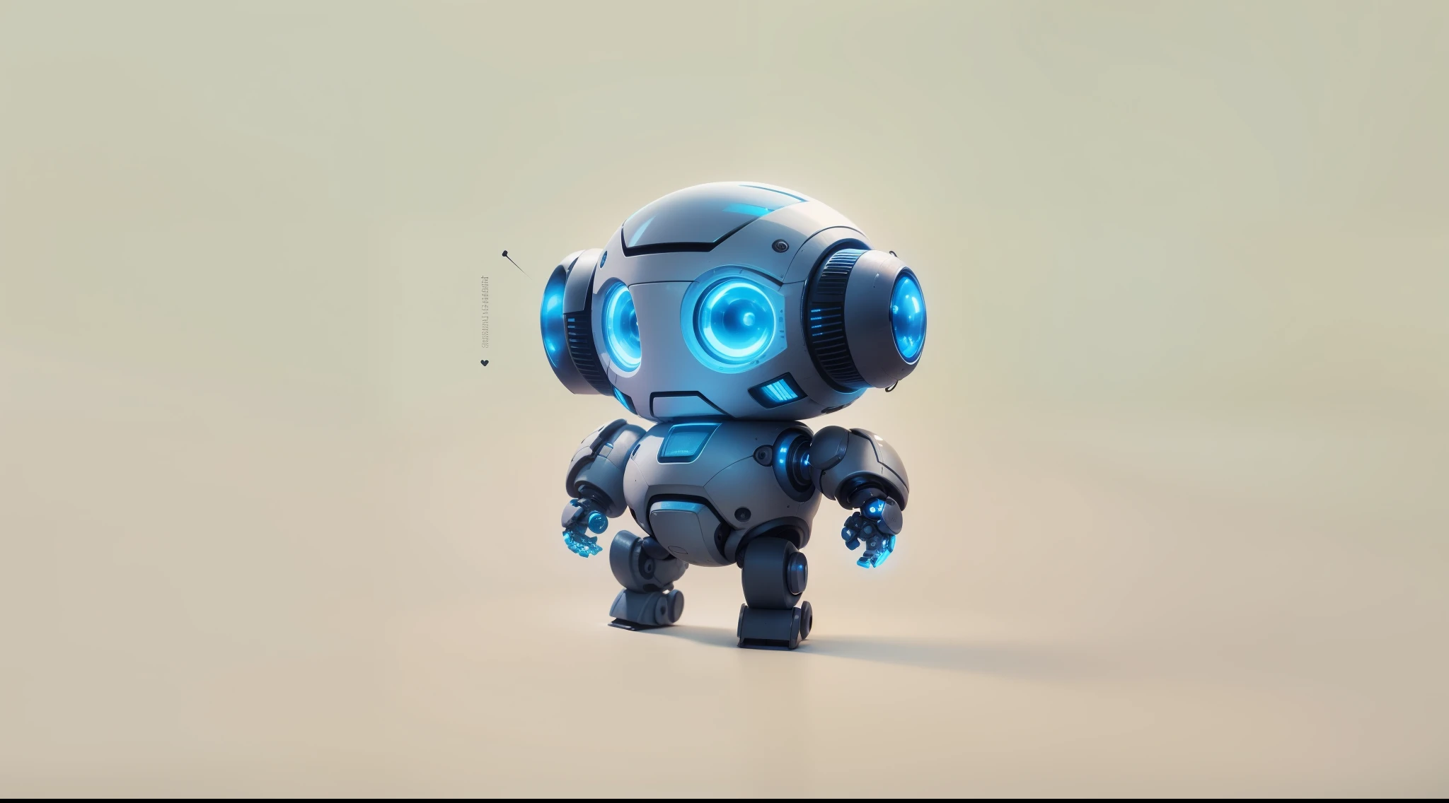 a cute little robot, ??? size, short stature, round big body without waist, two blue eyes, cute robotic face, two robotic ear, front facing view, proportionate head and body, neutral gender, flying